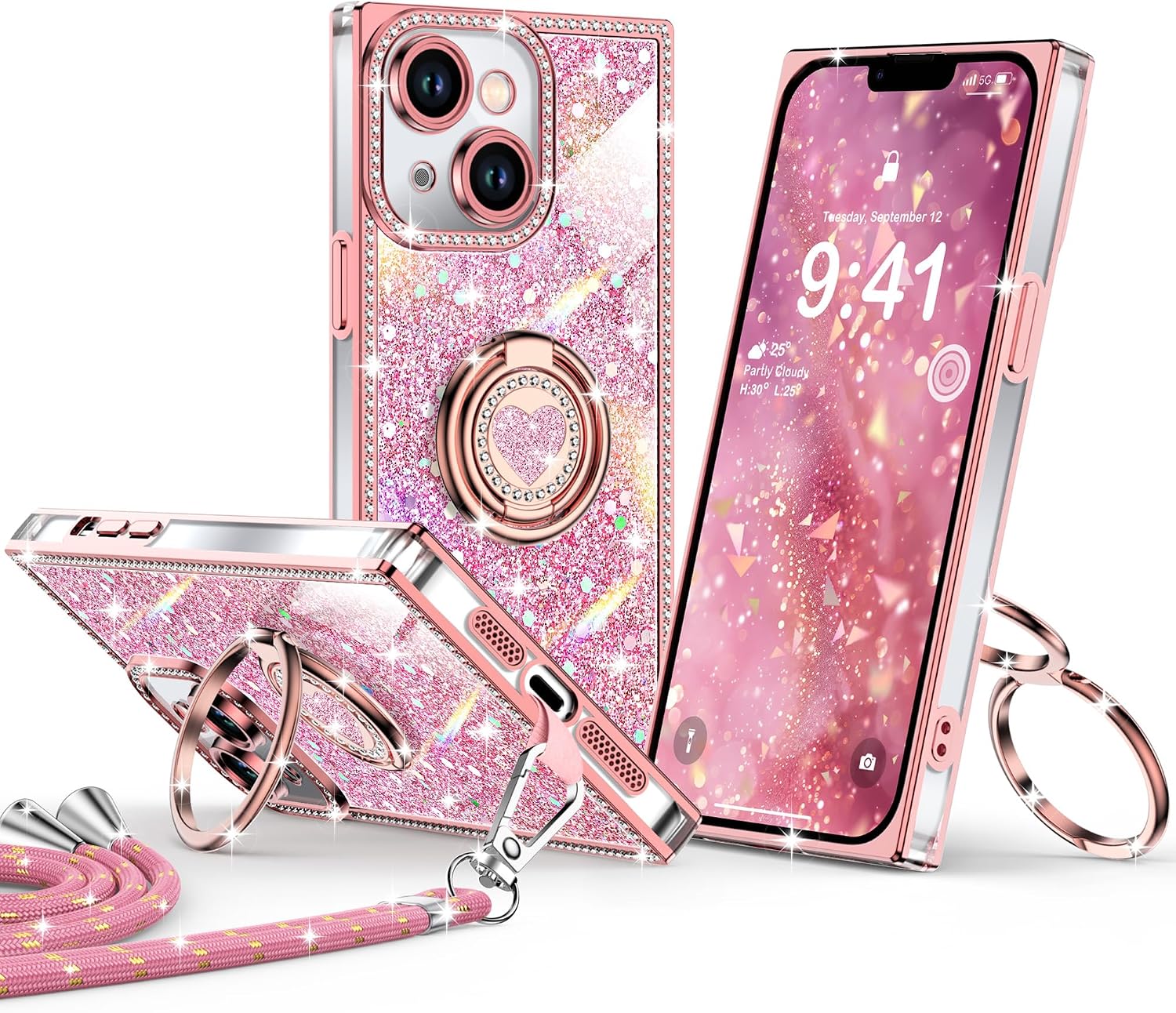 Detalle de XYZ Glitter Bling Case for iPhone 14 with 2‑Ring Heart Stand & Lanyard (Pink)