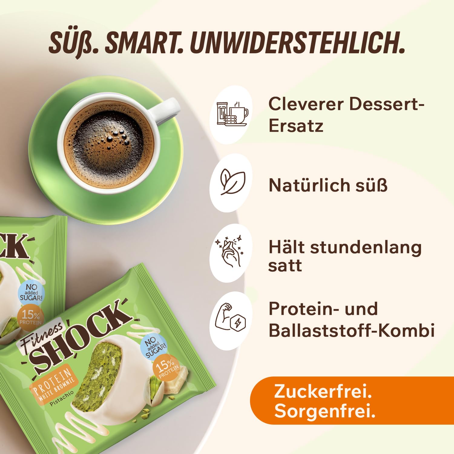 Detalle 2 de FitnesSHOCK Protein Brownie Snack (Pistazien) – ohne Zuckerzusatz, low carb, 15% Eiweiß, 10 x 50 g