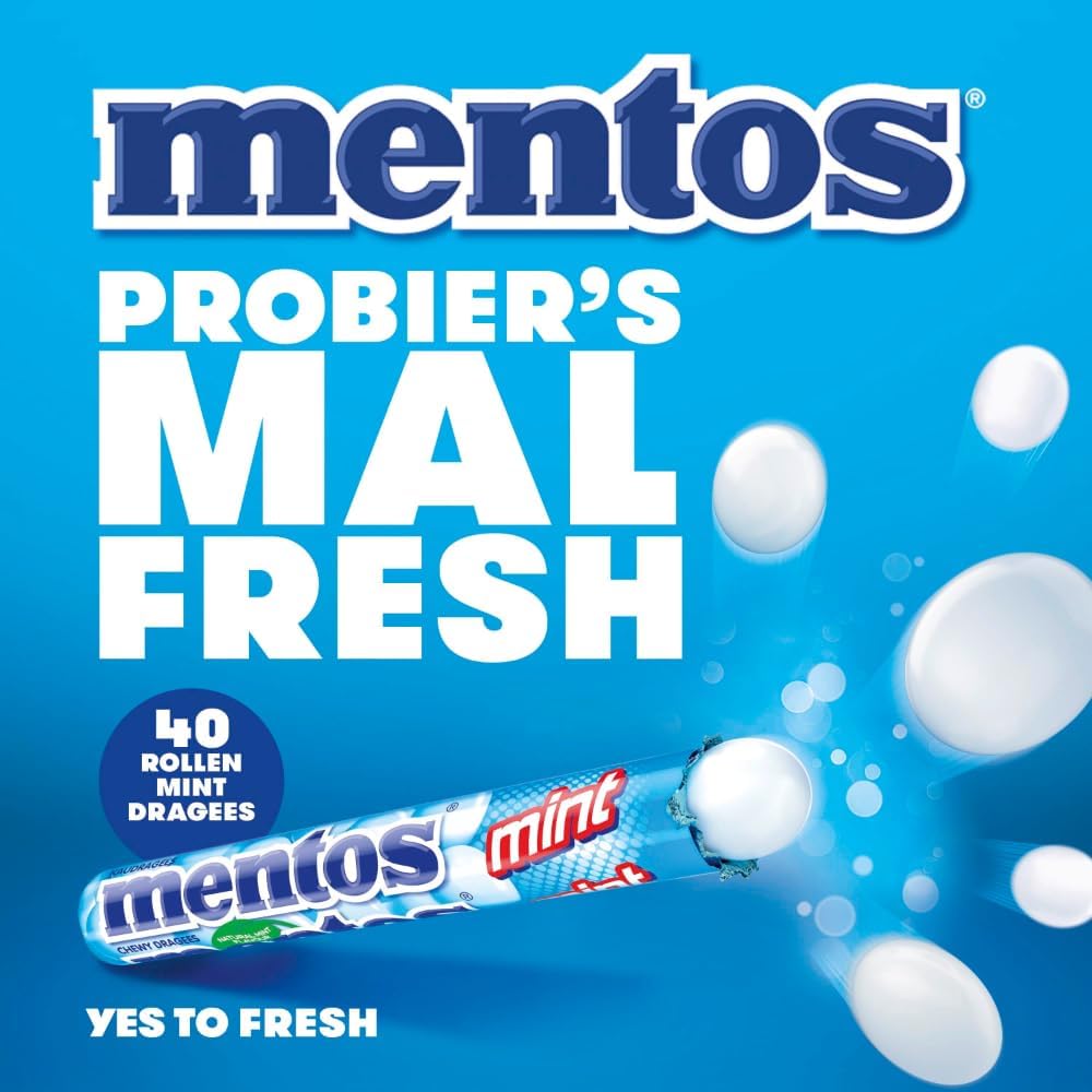Detalle de Mentos Kaubonbons Mint – Vegane Pfefferminz-Dragees in Multipack (40 Rollen) als Verkaufsdisplay