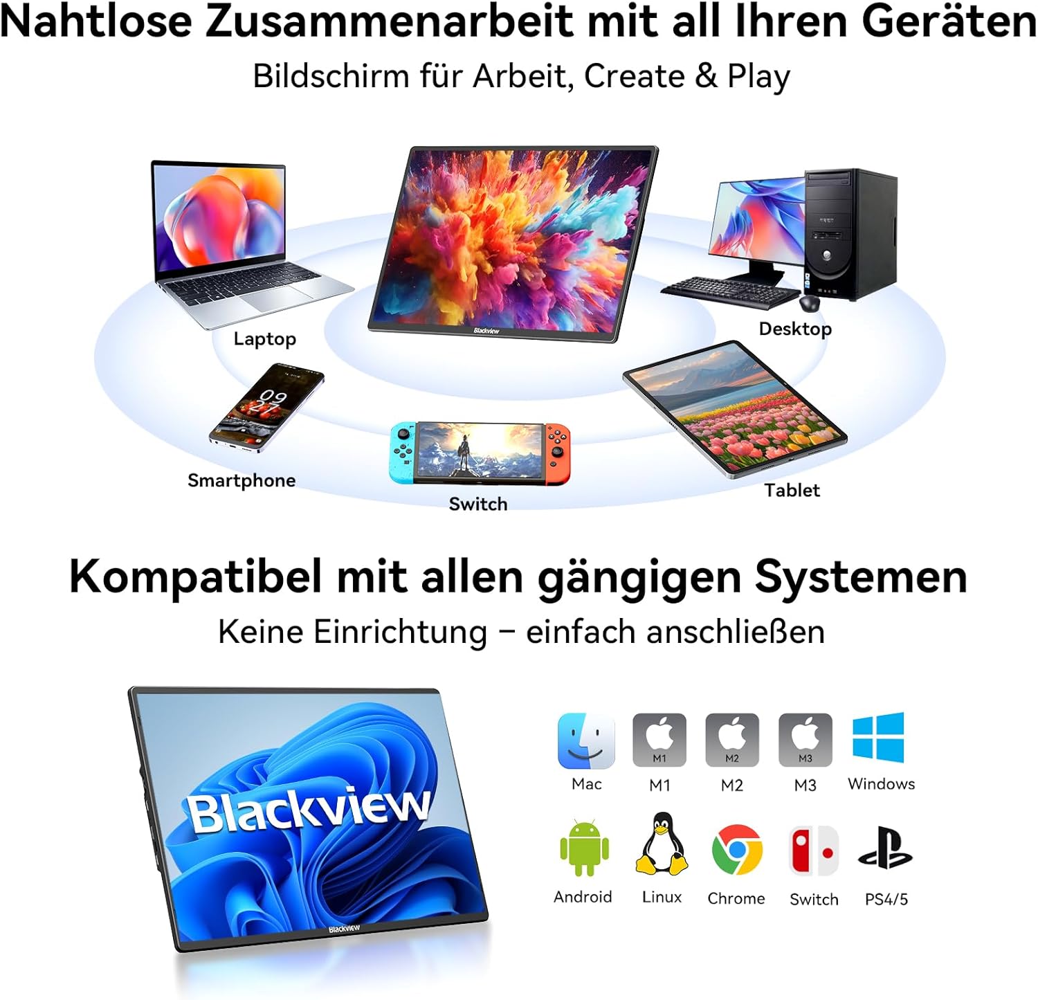 Detalle de Blackview 16.1 Zoll ultradünner tragbarer Monitor – Plug & Play, 16:10 FHD, 360° Magnetständer