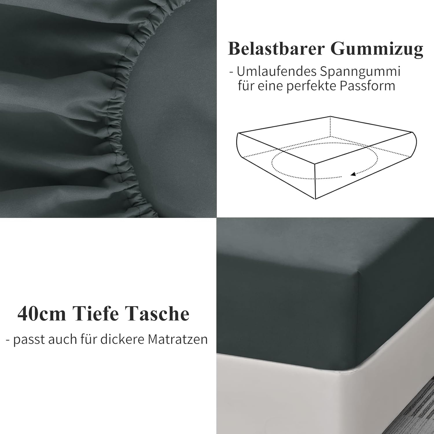 Thumbnail 2 de Aisbo Spannbettlaken 180x200cm – Mikrofaser, 40 cm Steghöhe, Grau/Anthrazit für Boxspring- und Wasserbetten