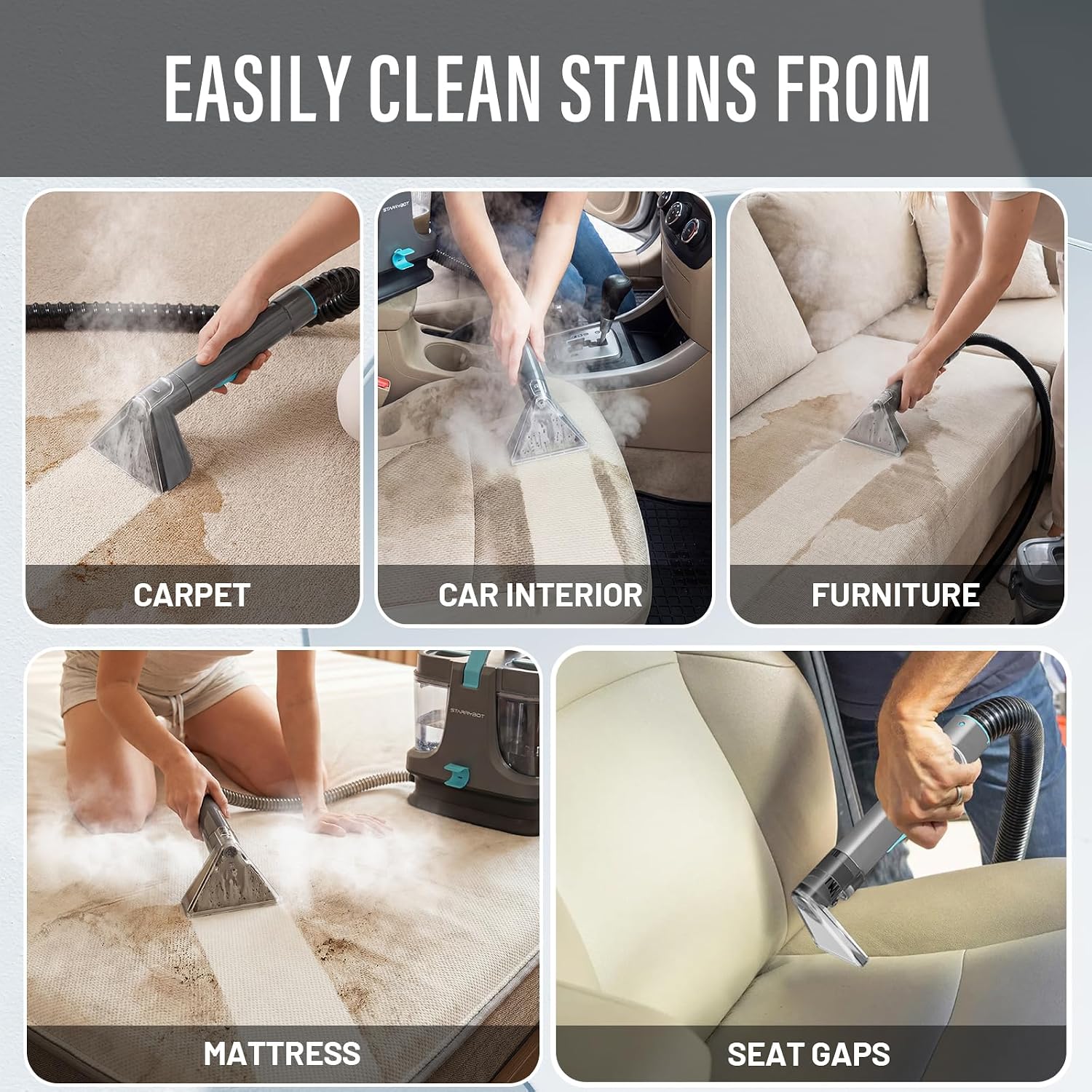 Detalle de STARRYBOT C-AC2502 Portable Carpet Cleaner with Steam, 18,000 Pa Suction