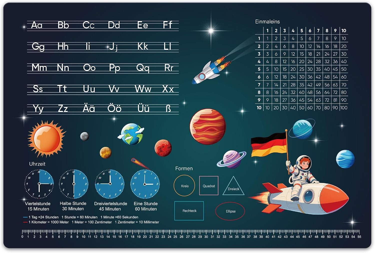 Detalle de FONCOOD Schreibtischunterlage Kinder 60x40 cm Weltraum – abwischbare Lernunterlage mit Alphabet & Einmaleins