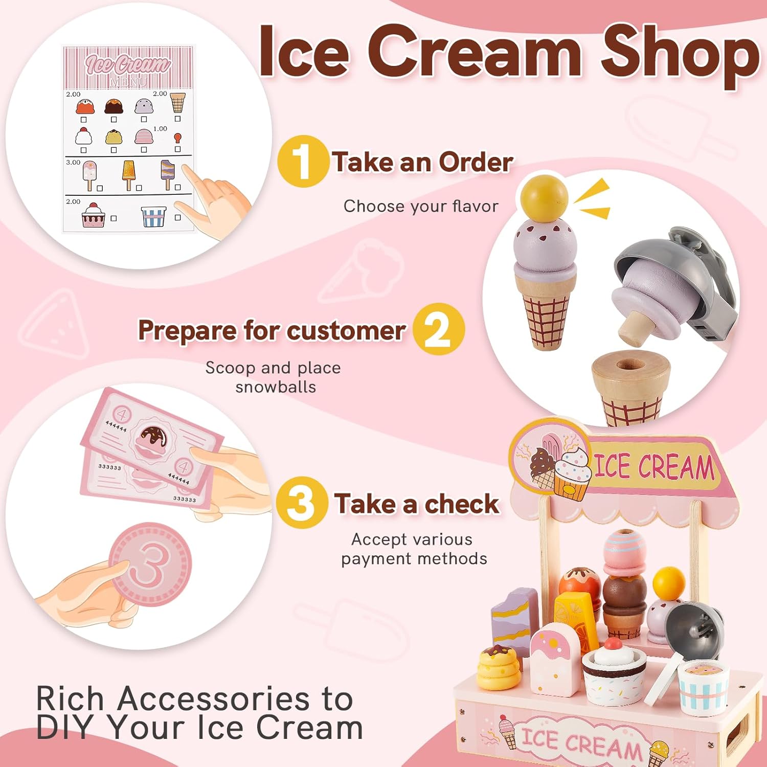 Thumbnail 2 de HERSITY Wooden Ice Cream Counter Shop Pretend Play Food Set (Pink)