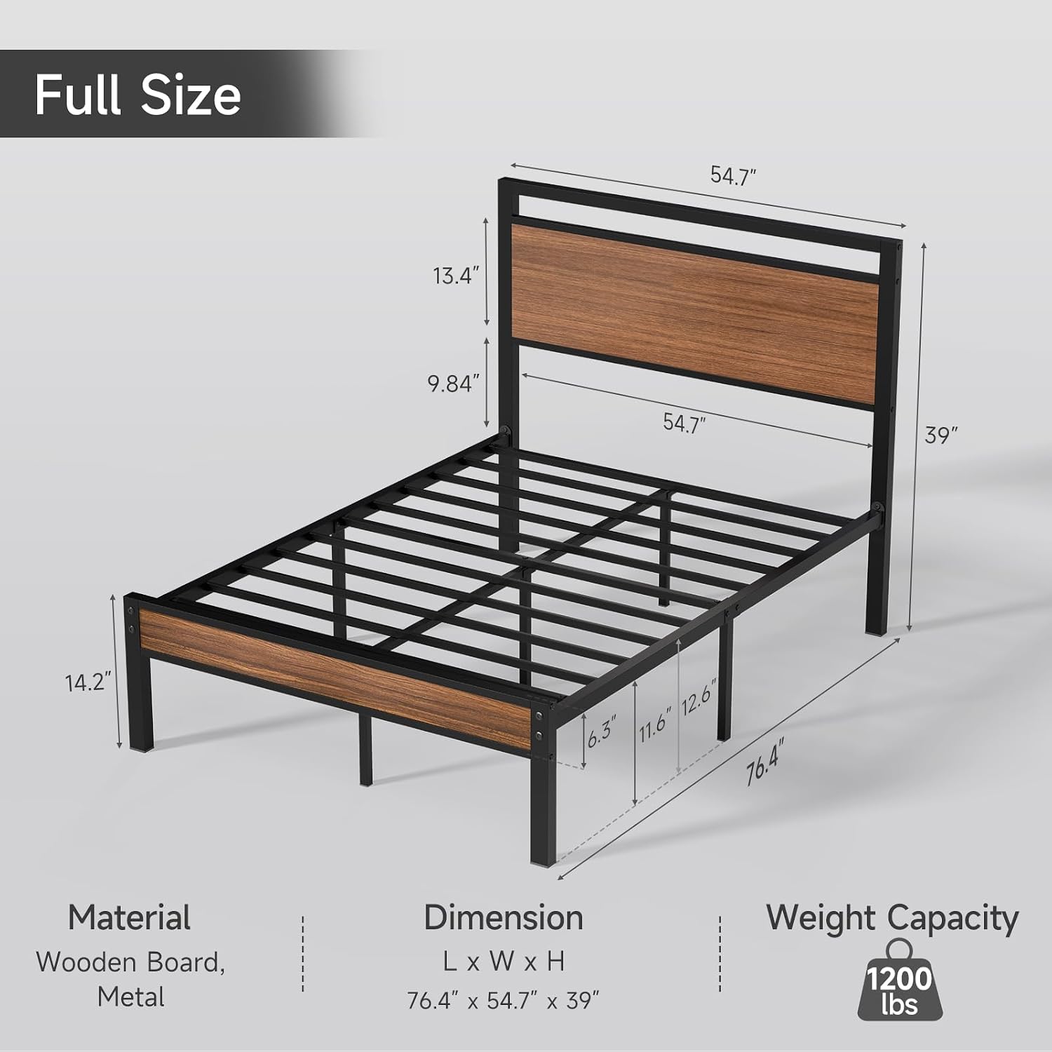 Detalle de Z-hom BOC4-022 Full Bed Frame, Walnut Metal with Wooden Headboard