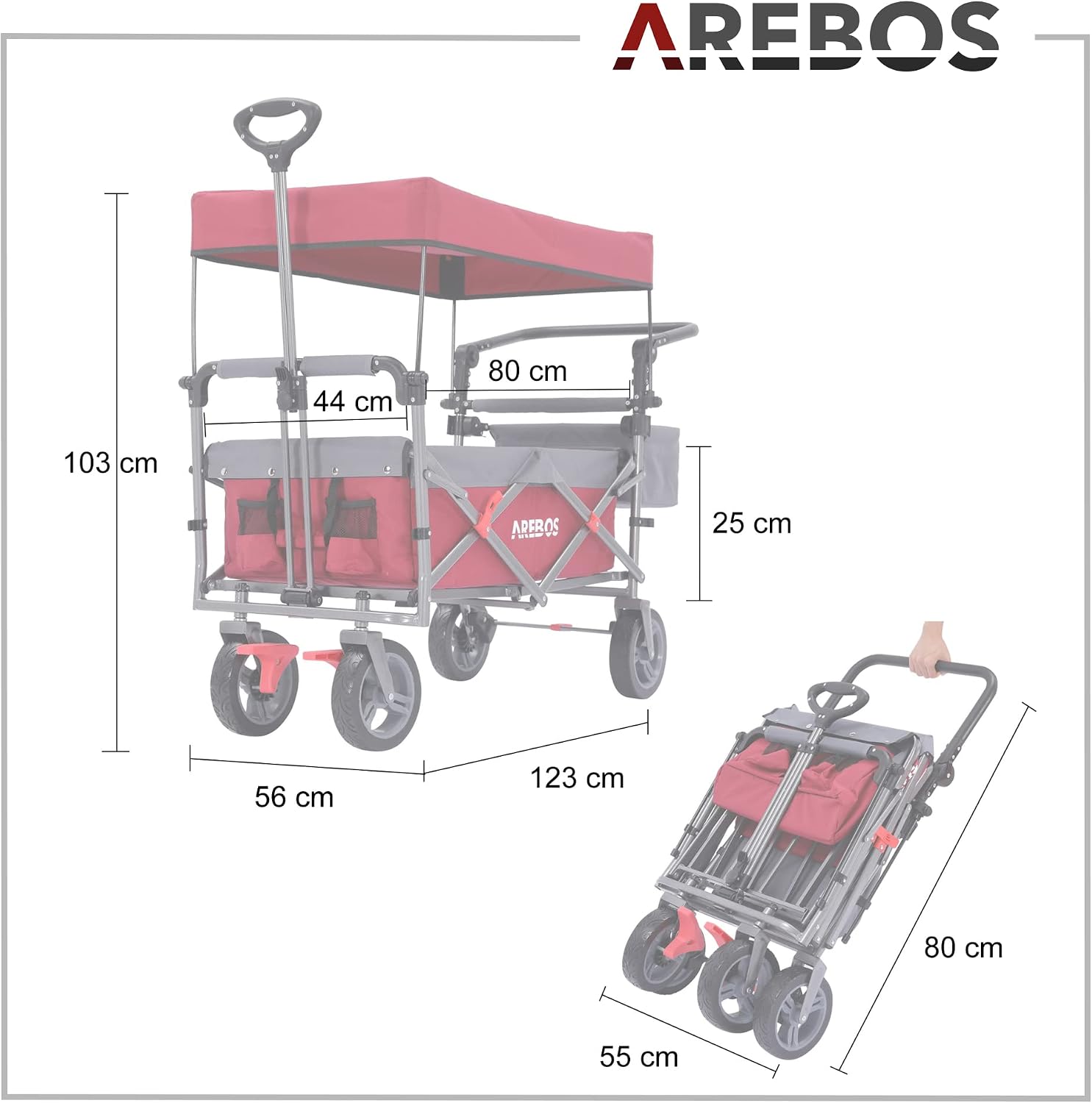 Detalle 2 de Arebos Bollerwagen Premium faltbar mit Dach – Handwagen, klappbar bis 100 kg Tragkraft, 360° Rolllädenräder, mit Tragetasche, Rot
