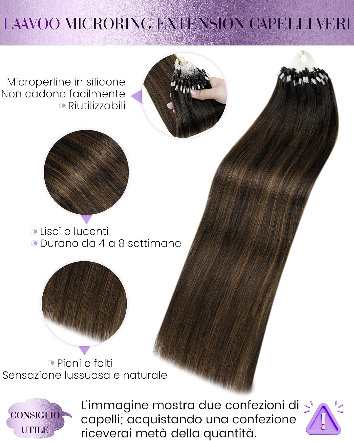 Thumbnail 1 de LaaVoo Extension Microring Capelli Veri 50 cm – 50 g, 50 ciocche Remy, Balayage Castano Scuro a Marrone Chiaro e Biondo, color 2-8-2