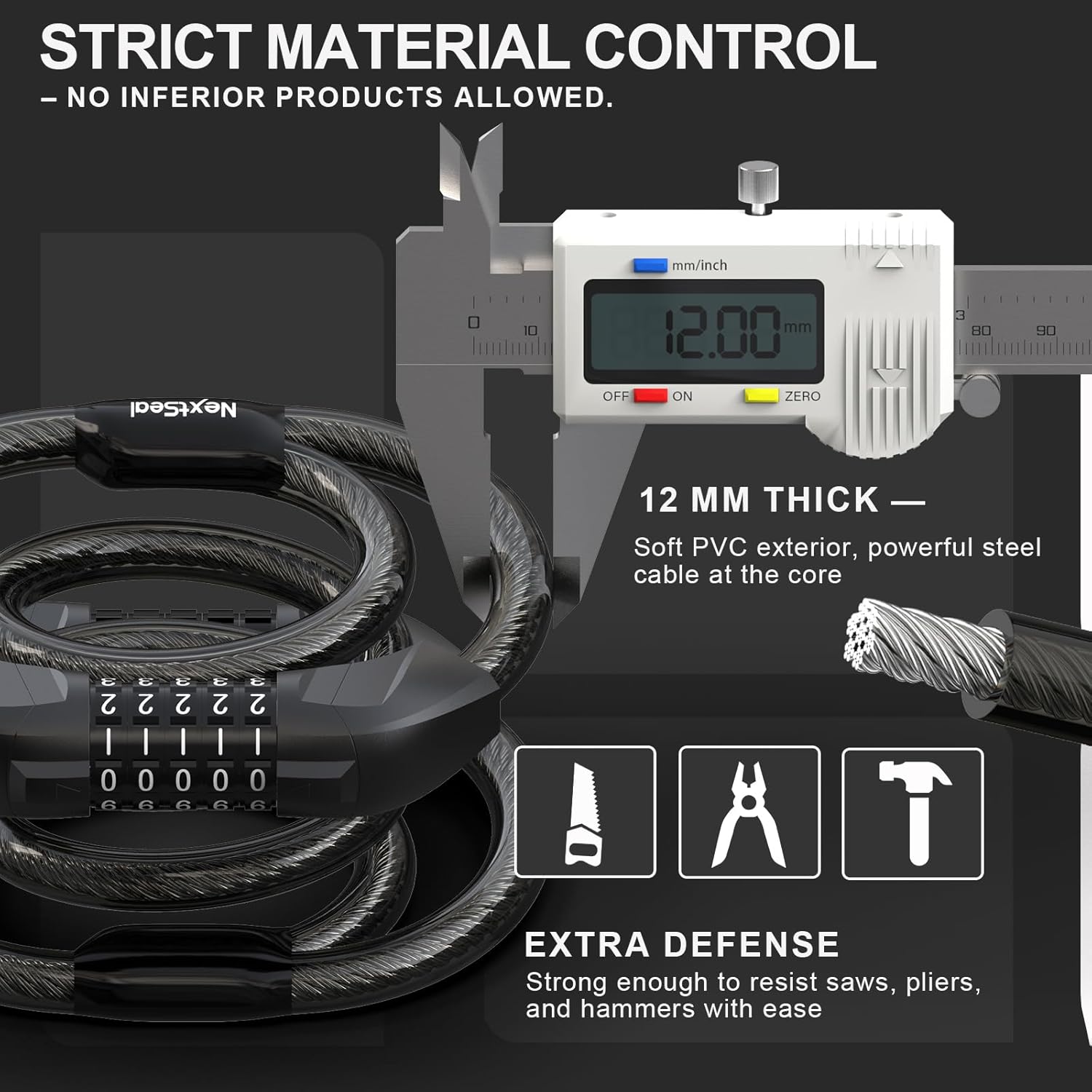 Detalle de NextSeal E-Scooter Schloss mit Doppel-Zahlenschloss und 12 mm Kabel (105 cm)
