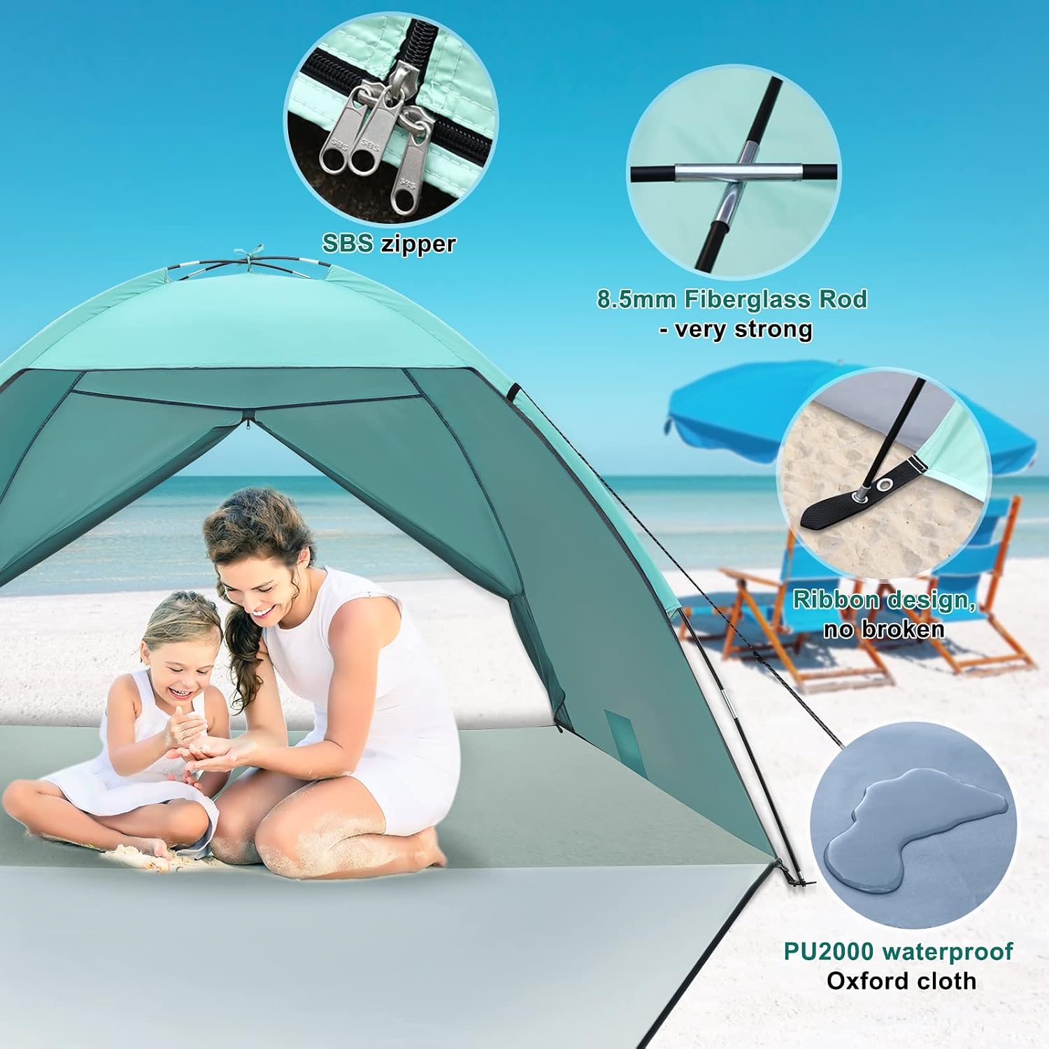 Thumbnail 1 de Beach Tent 3-4 Person Portable UV Shielding Beach Camping Tent with Extended Porch