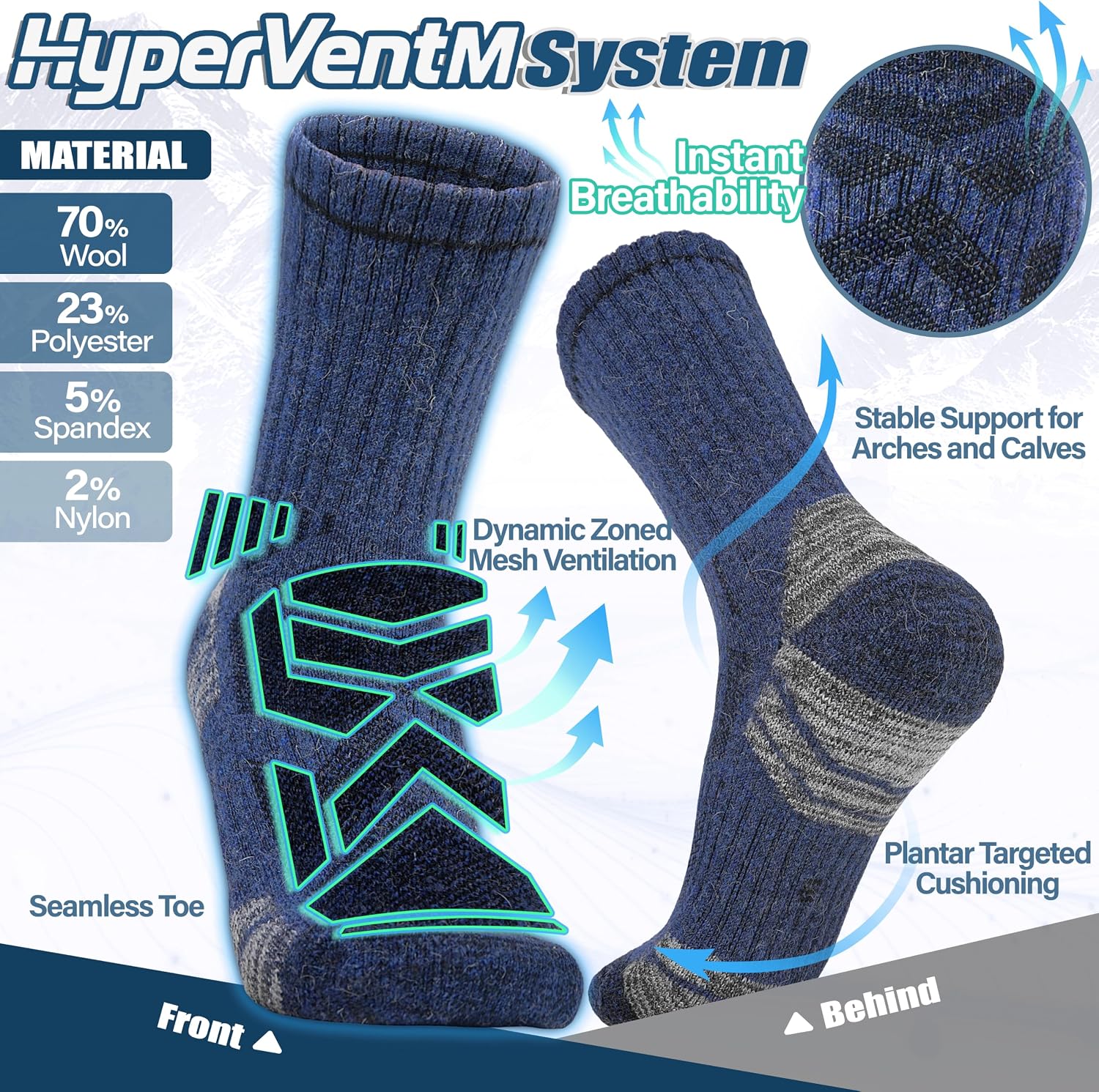 Detalle 2 de ANTSANG Merino Wool Hiking Socks, Crew, 5 Pairs with Targeted Cushioning