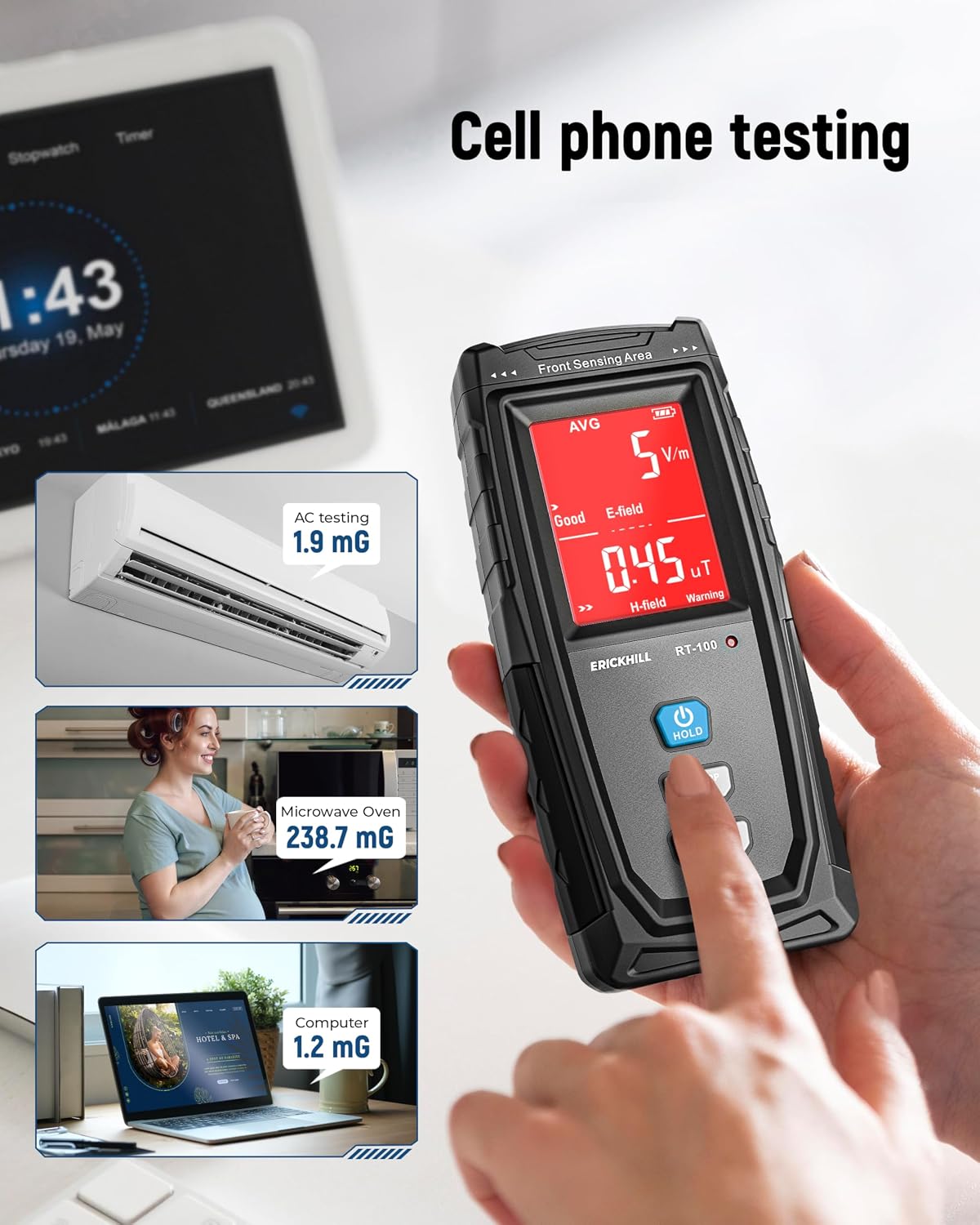Detalle de ERICKHILL EMF Meter Rechargeable Digital EMF Detector (LCD, sound-light alarm)