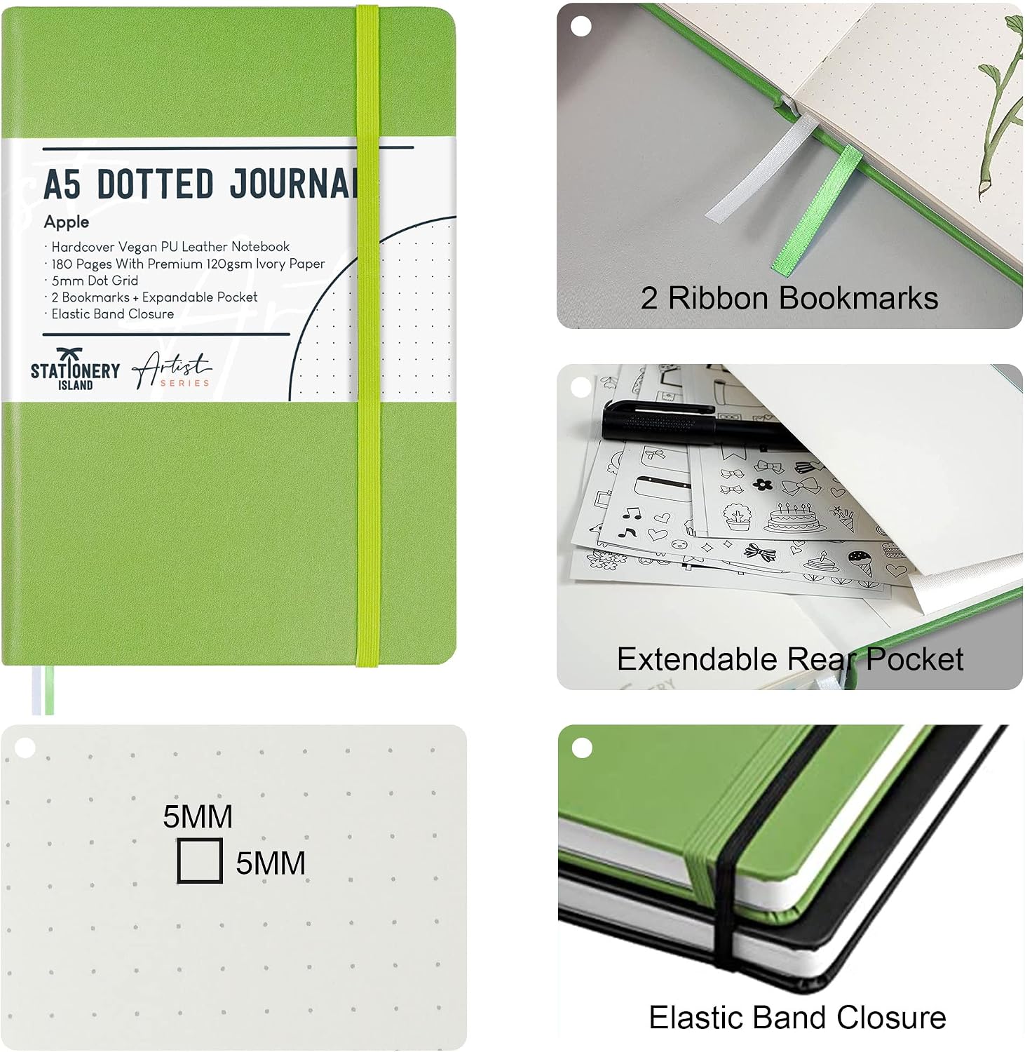 Detalle de STATIONERY ISLAND Carnet de notes A5 pointillé – Relié cartonné, 180 pages (Pomme)