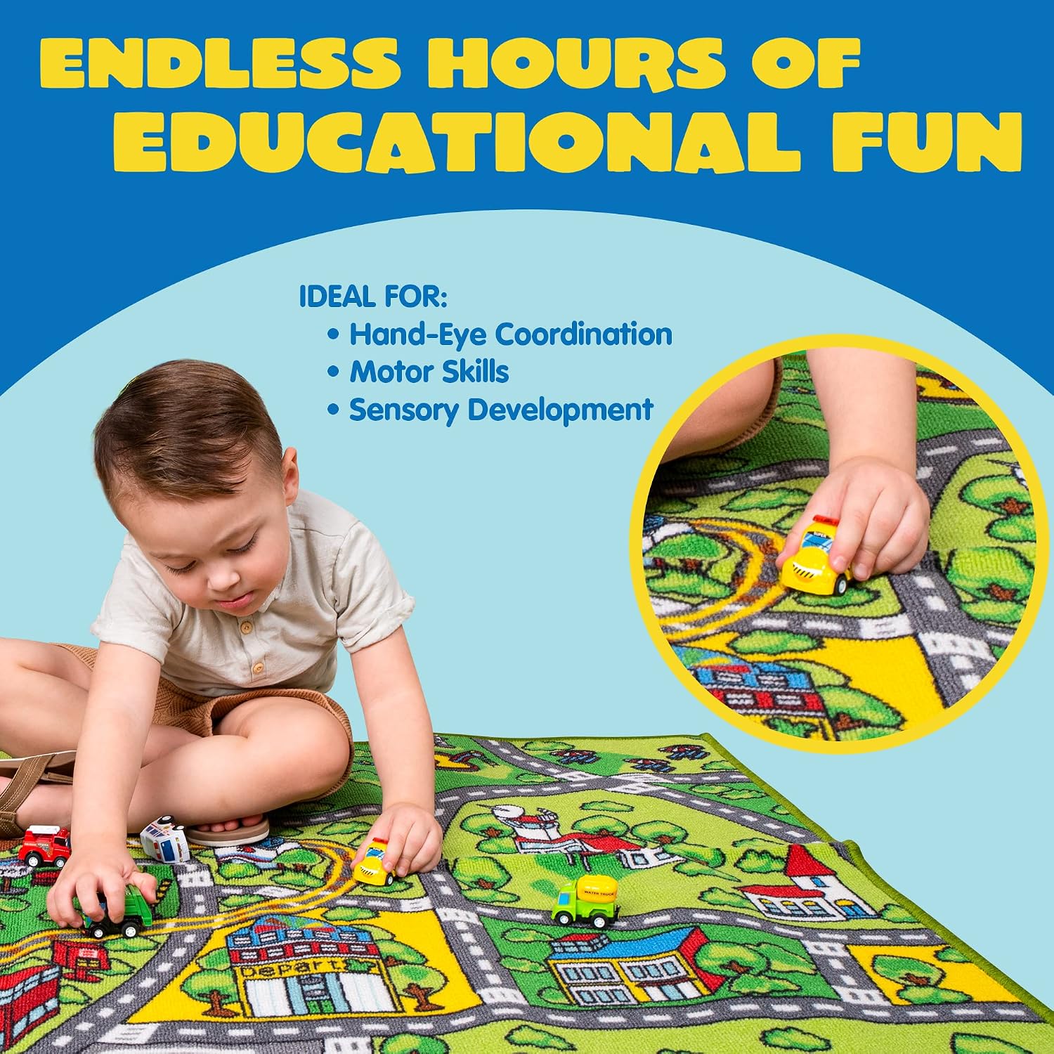 Detalle de JOYIN Kids Play Mat – Community Playmat with Road Tracks & 12 Vehicles (148x80 cm)