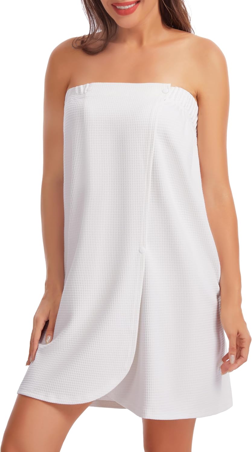 Detalle de Lovasy Robe Serviette de Bain Femme en Coton Nid d’Abeille — Peignoir enveloppant avec boutons réversibles