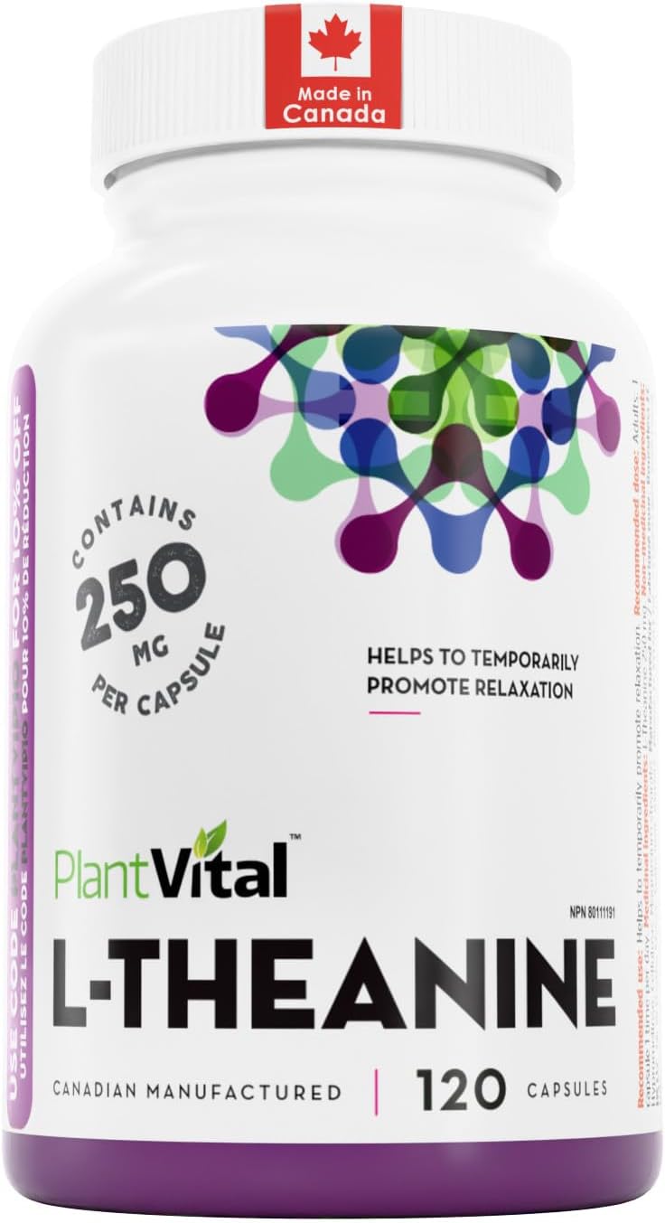 Detalle de PlantVital L-Theanine Capsules, 250 mg, 120 Count, Made in Canada