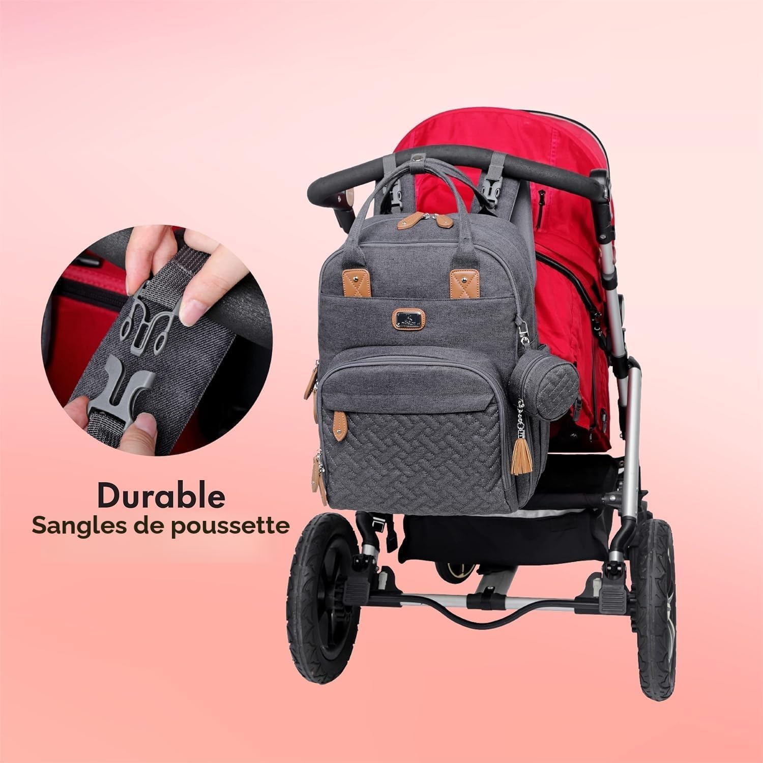 Detalle 2 de Dikaslon Sac à Langer Bebe – Sac à Dos Grand Capacité 42 x 20 x 30 cm, Déperlant, 18 Poches, Matelas à Langer et Sangles Poussette