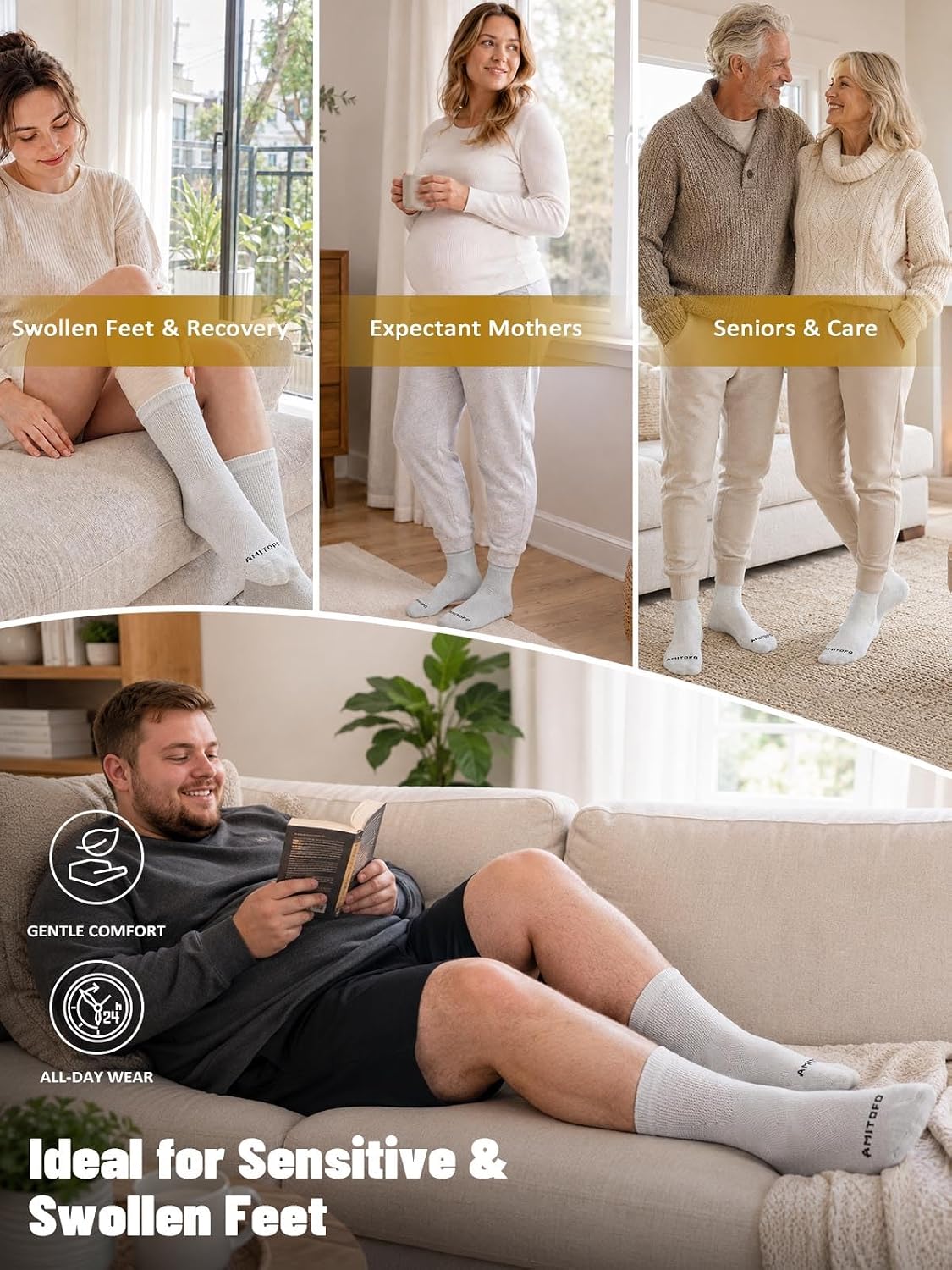 Detalle de ZFSOCK Diabetic Socks, 3 Pairs with Bamboo-Wool Blend, Seamless Toe & Cushioned Sole