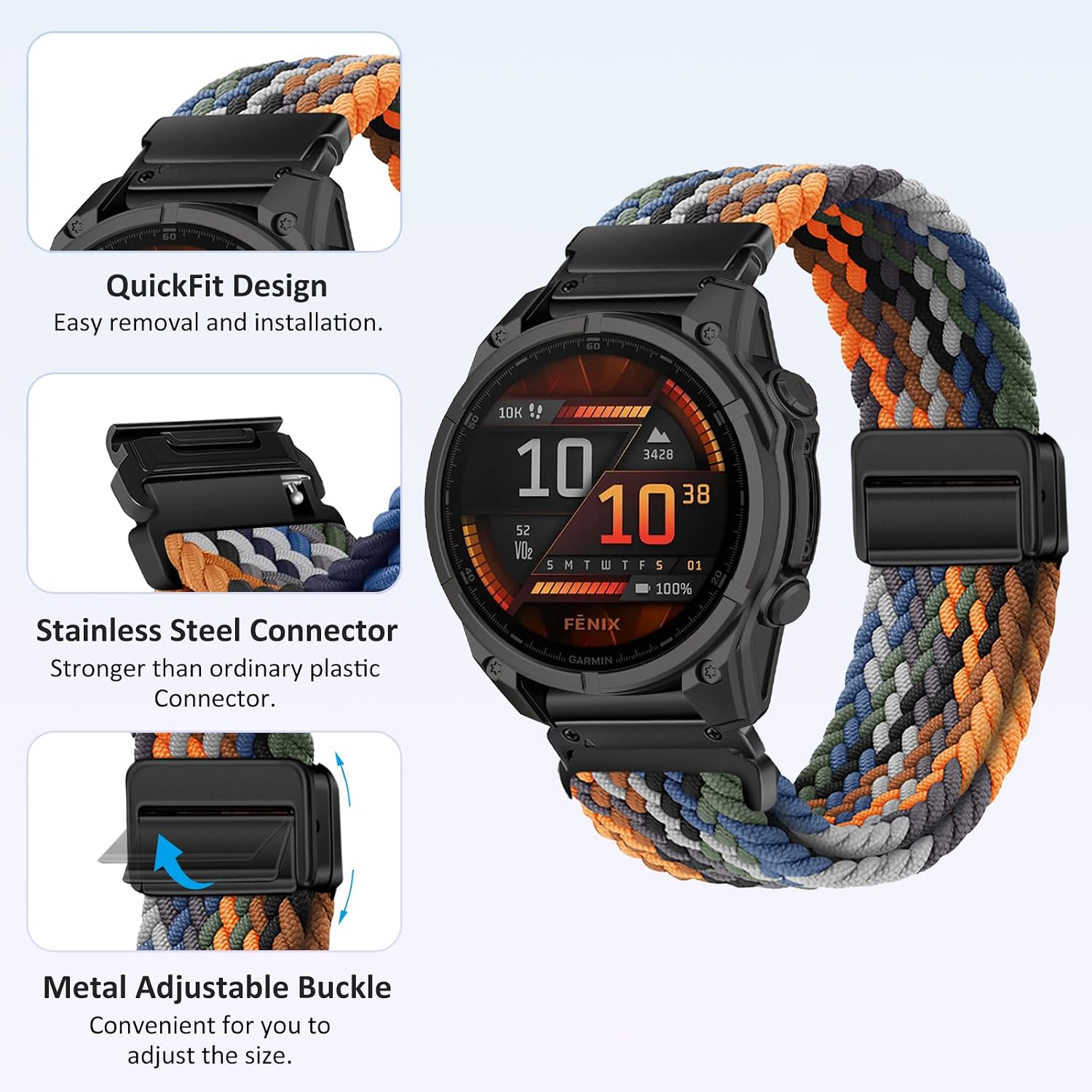 Detalle de RosMank 22mm Quickfit Braided Nylon Watch Band for Garmin Fenix 8 47mm and More
