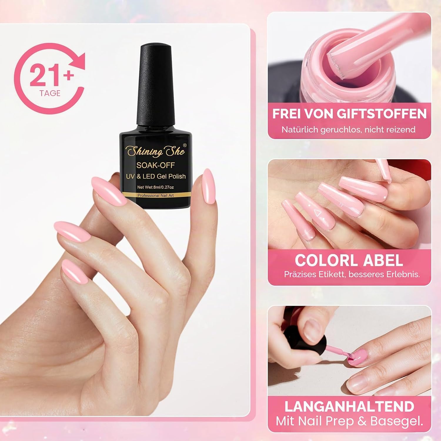 Detalle de Shining She UV Nagellack-Set (6 Farben) Nude Rosa – Gel Polish zum Aushärten unter LED/UV-Licht