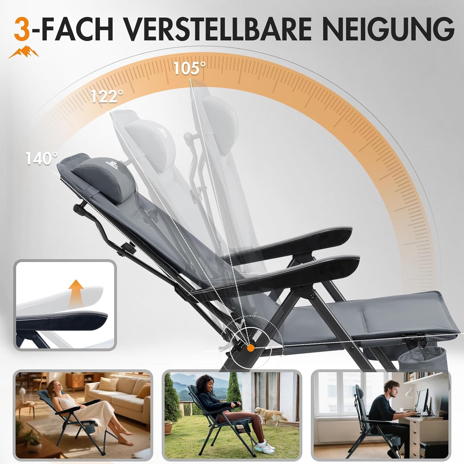 Detalle de Portal faltbarer Campingstuhl mit 3-fach verstellbarer Rückenlehne (bis 160 kg), hohe Lehne & Getränkehalter