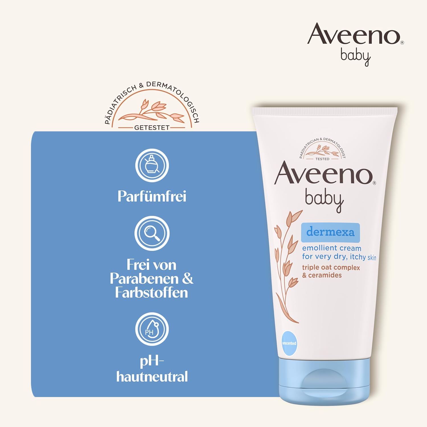 Detalle de Aveeno baby dermexa Emollientien Creme mit präbiotischem Hafermehl, Ceramiden & Panthenol (150 ml) für sehr trockene, juckende Haut