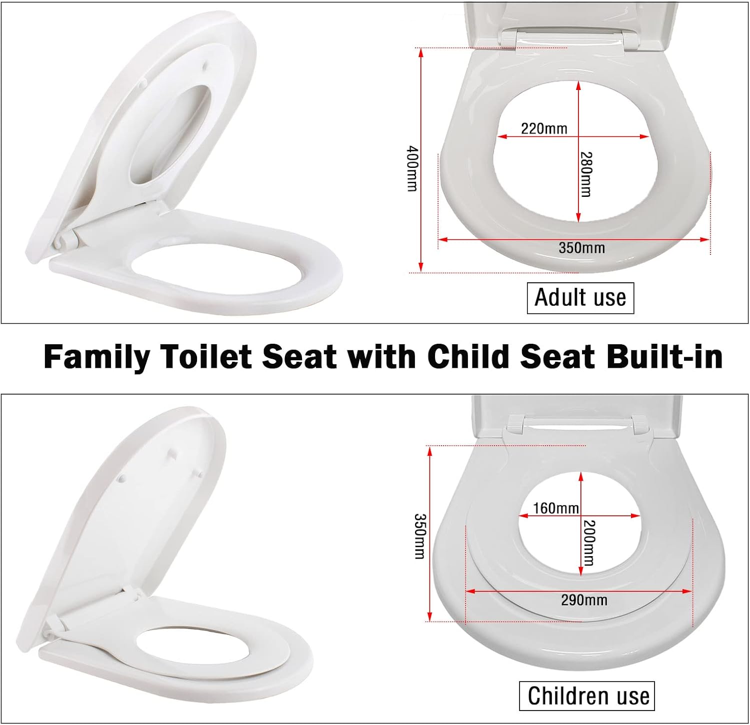 Detalle 2 de D Shape Family Toilet Seat with Built‑In Child Seat – Soft Close, Quick Release, Adjustable Hinges (UK Compatible)