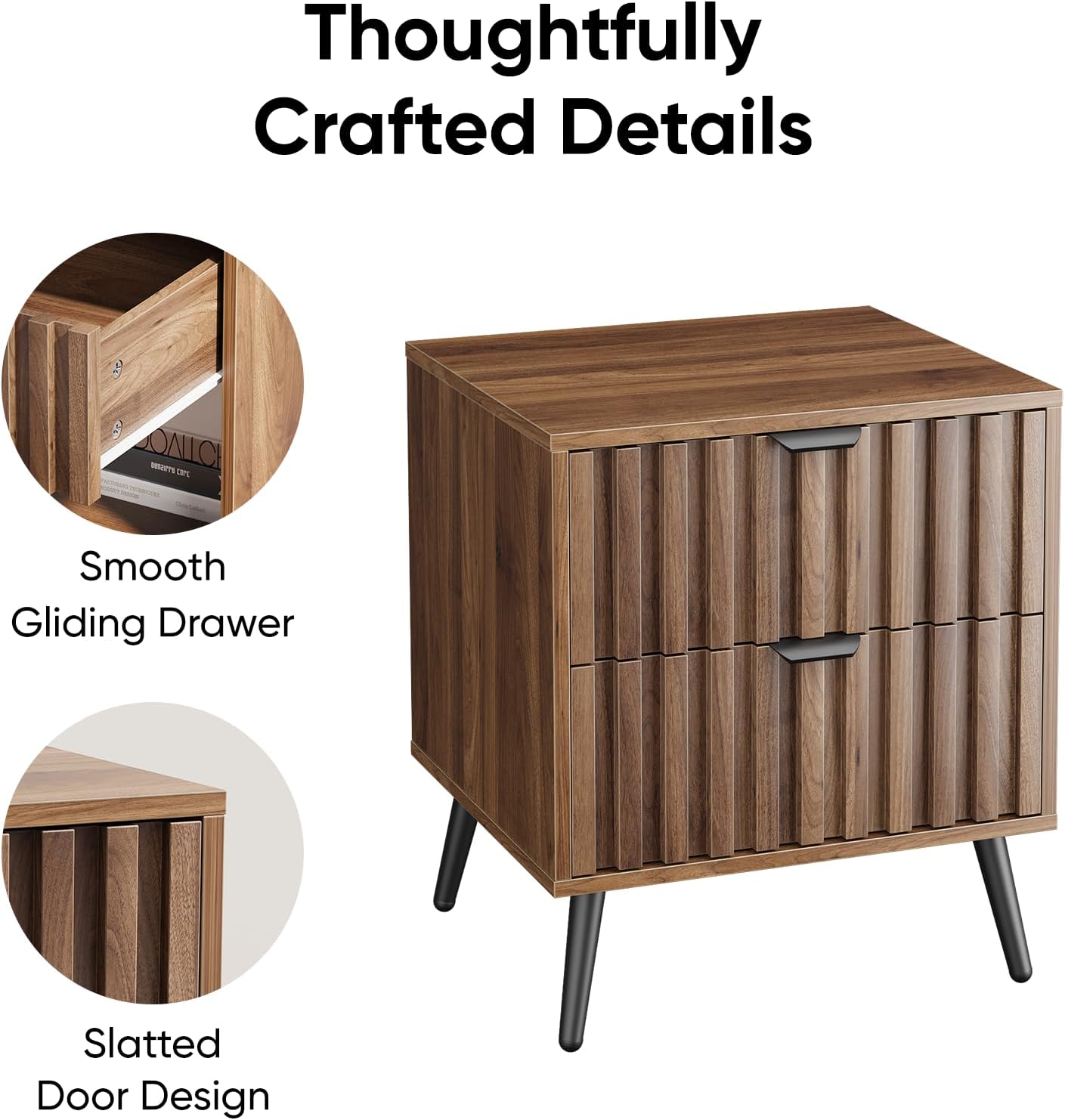 Detalle de Walnut nightstand with fluted drawer