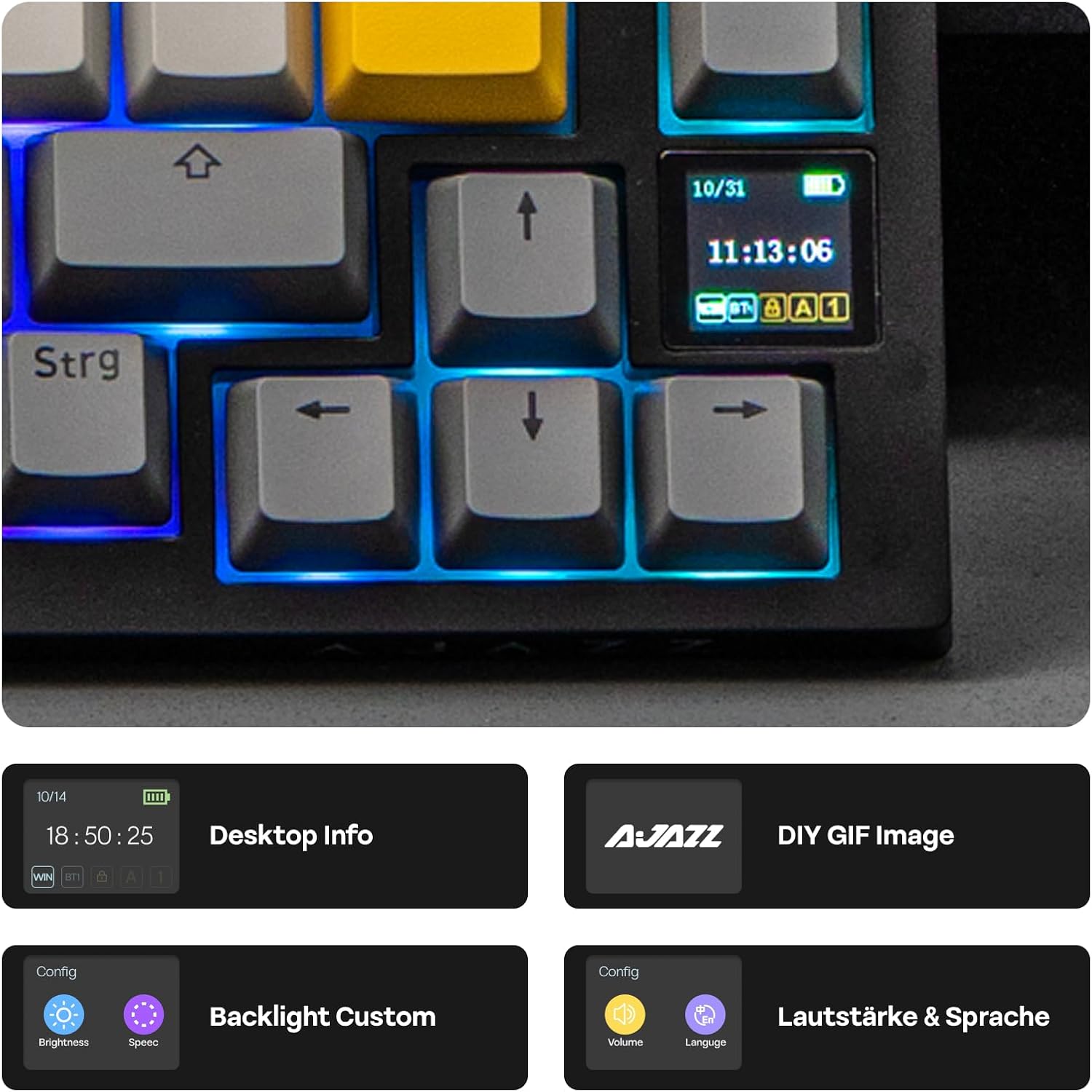 Thumbnail 2 de EPOMAKER Ajazz AK820 Pro ISO-DE: 75% Gaming-Tastatur mit TFT-Display, QWERTZ und Qamistik (BT/2,4 GHz/Kabel)