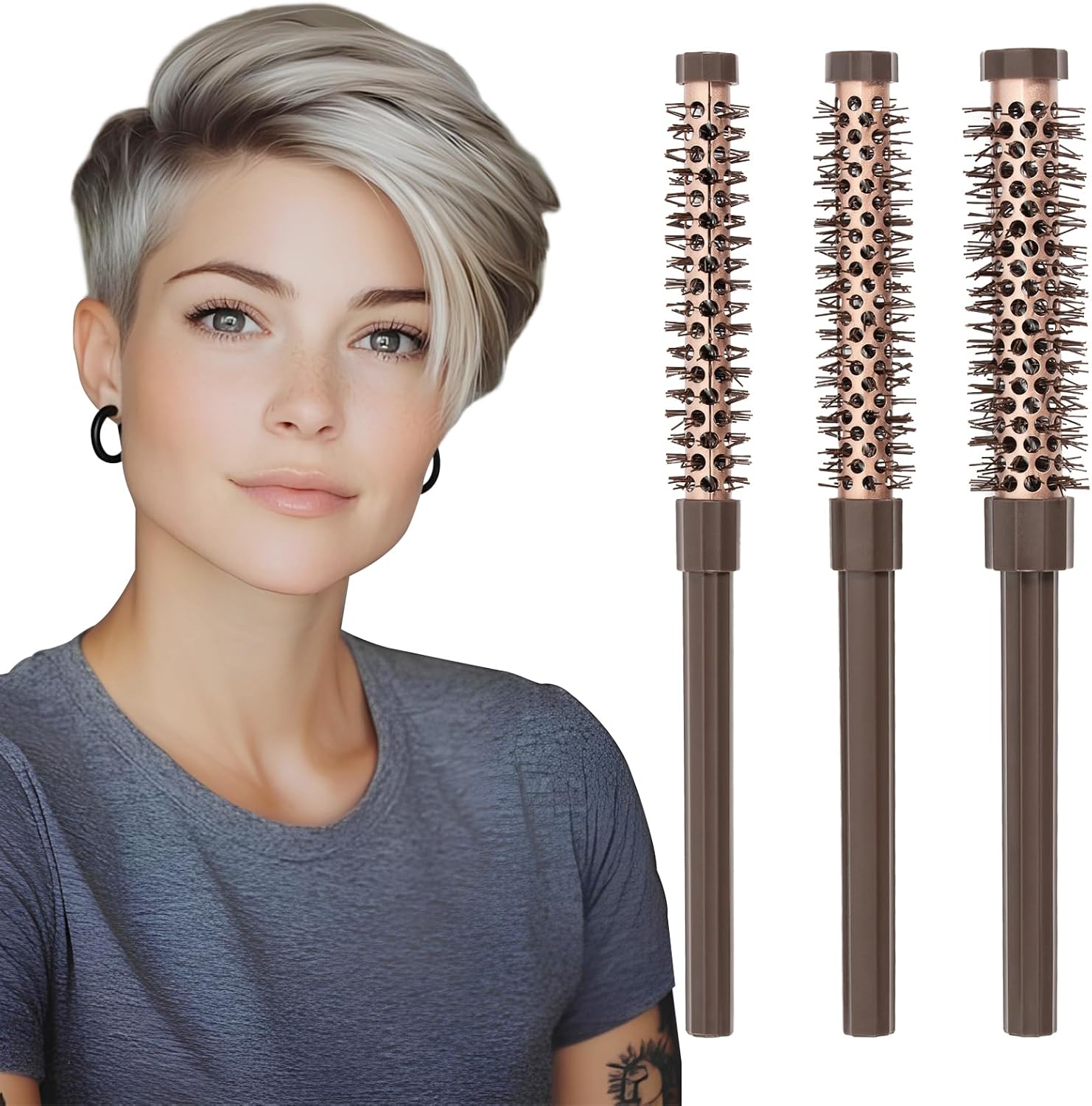 Detalle de Kunoli ronde föhnborstel, set van 3 mini-borstels voor pony en kort haar