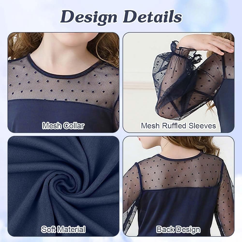 Detalle de Vicloon Girls’ Contrast Mesh Puff-Sleeve Skater Dress, High Waist, Ages 9–16