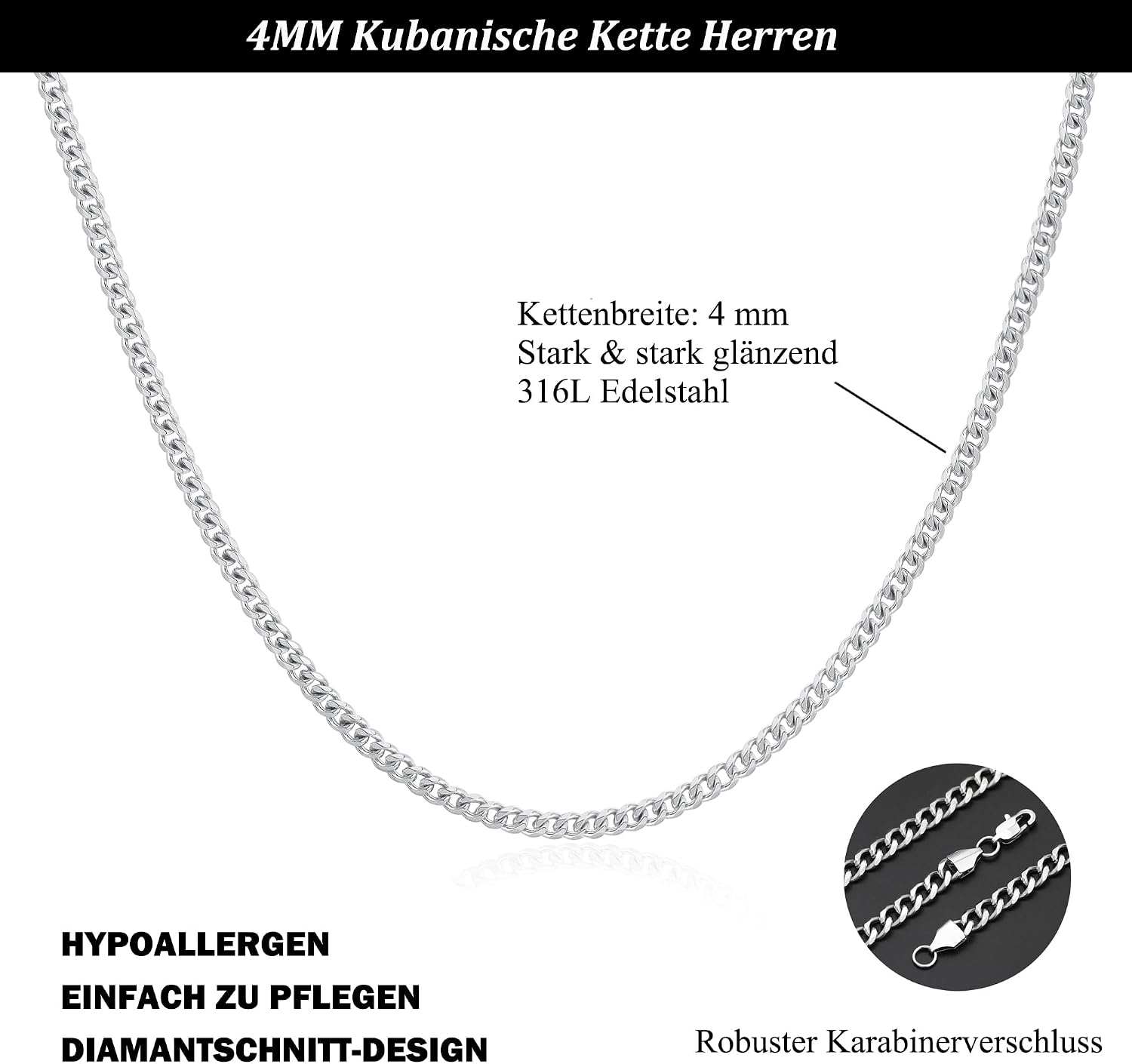 Detalle de FUNEIA Halskette Herren Edelstahl Panzerkette 46 cm, 4 mm – Silber, kubanische Gliederkette