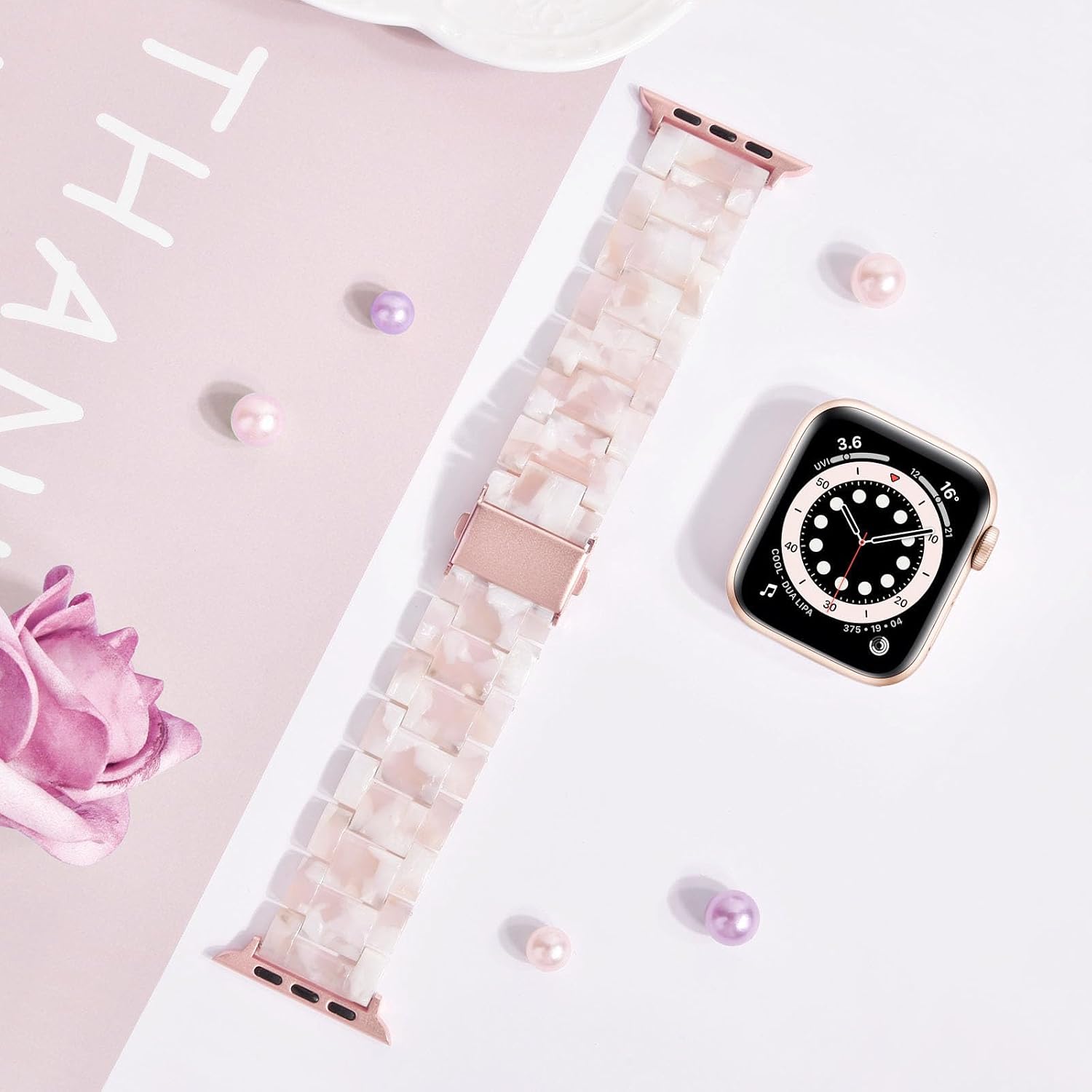 Thumbnail 6 de V.R.HOPE Modern Resin Straps for Apple Watch (Pink Floral, Rose Gold) – Lightweight 38/40/41/42mm bands