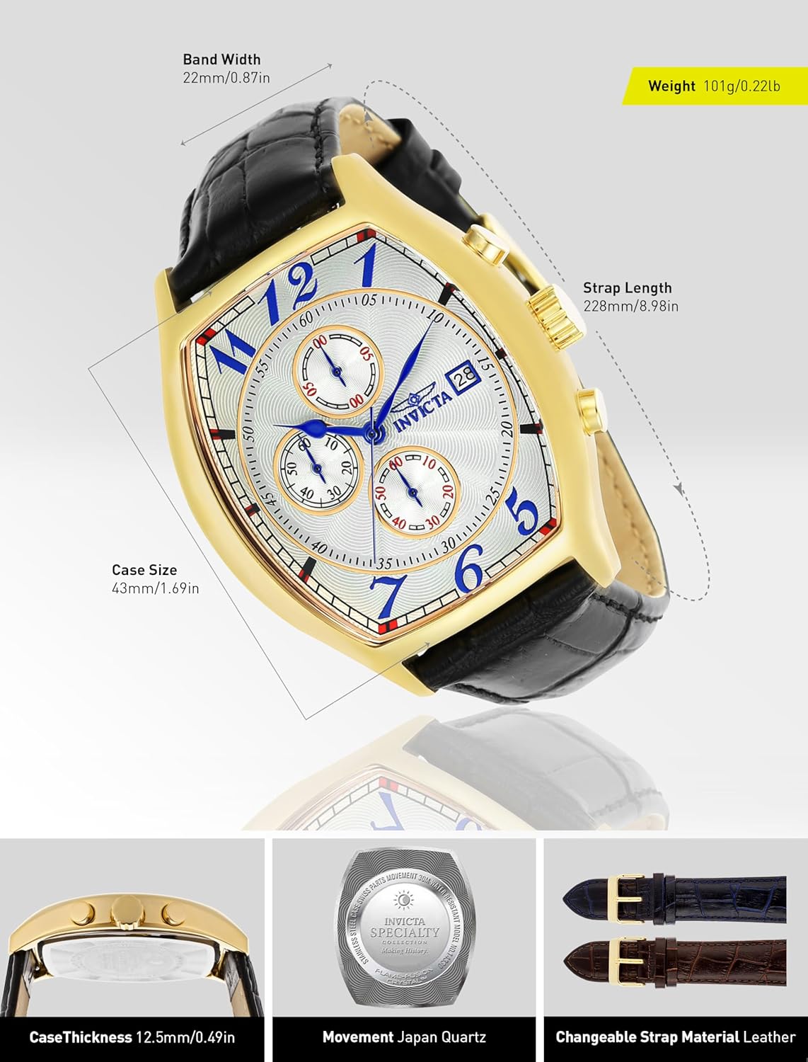 Detalle de Invicta Specialty 14330 Montre Homme — Étanche, analogique, quartz, acier inoxydable, cadran blanc, 43 mm