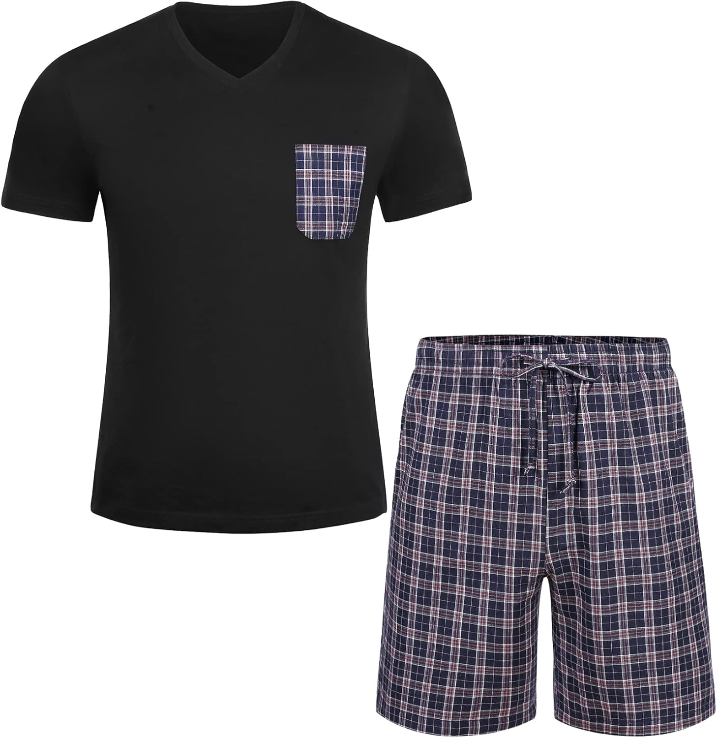 Detalle de Winovia Herren Schlafanzug Kurz Pyjama Set aus 100% Baumwolle – V-Ausschnitt Shirt + karierte Shorty Hose, Sommer-Homewear