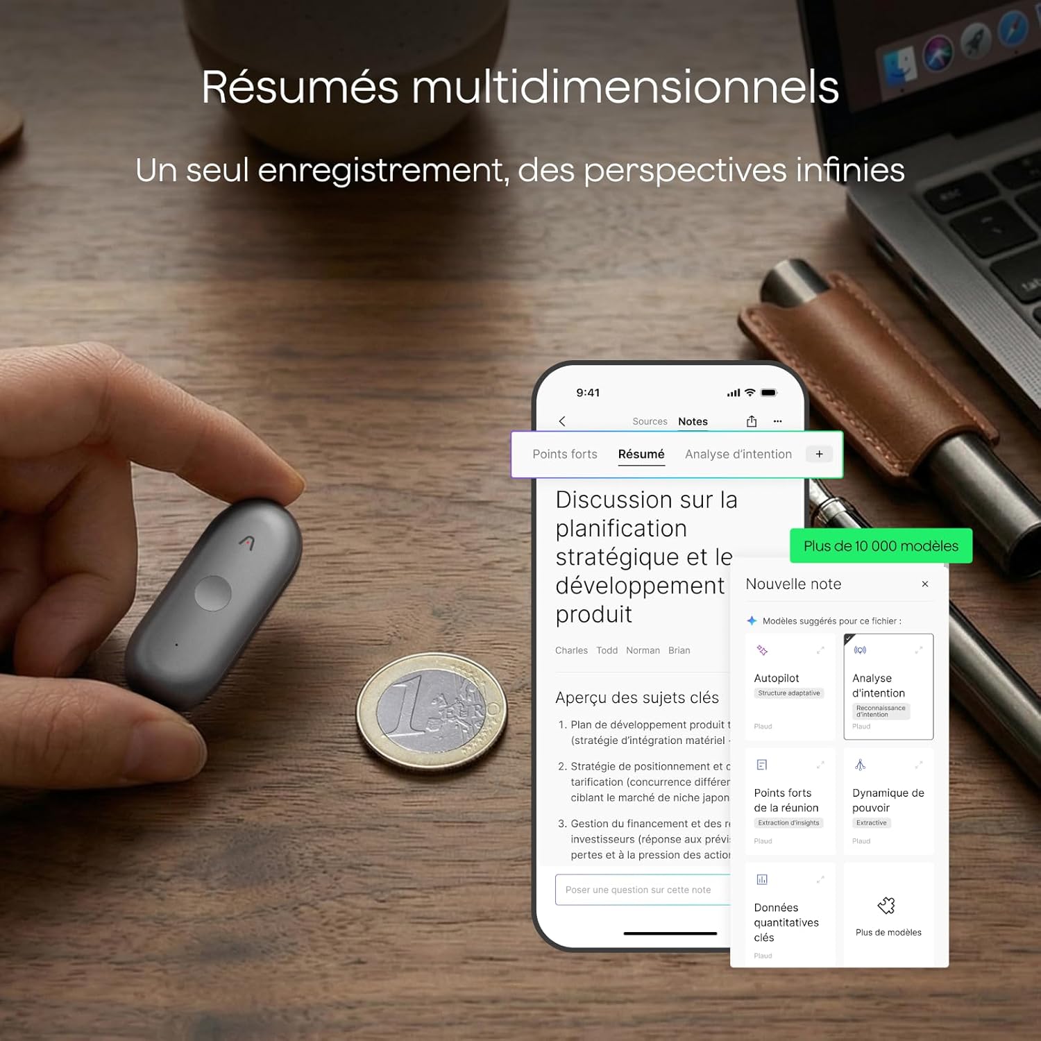 Detalle de Plaud NotePin S – Dictaphone IA avec bouton tactile et transcription multilingue pour réunions et entretiens