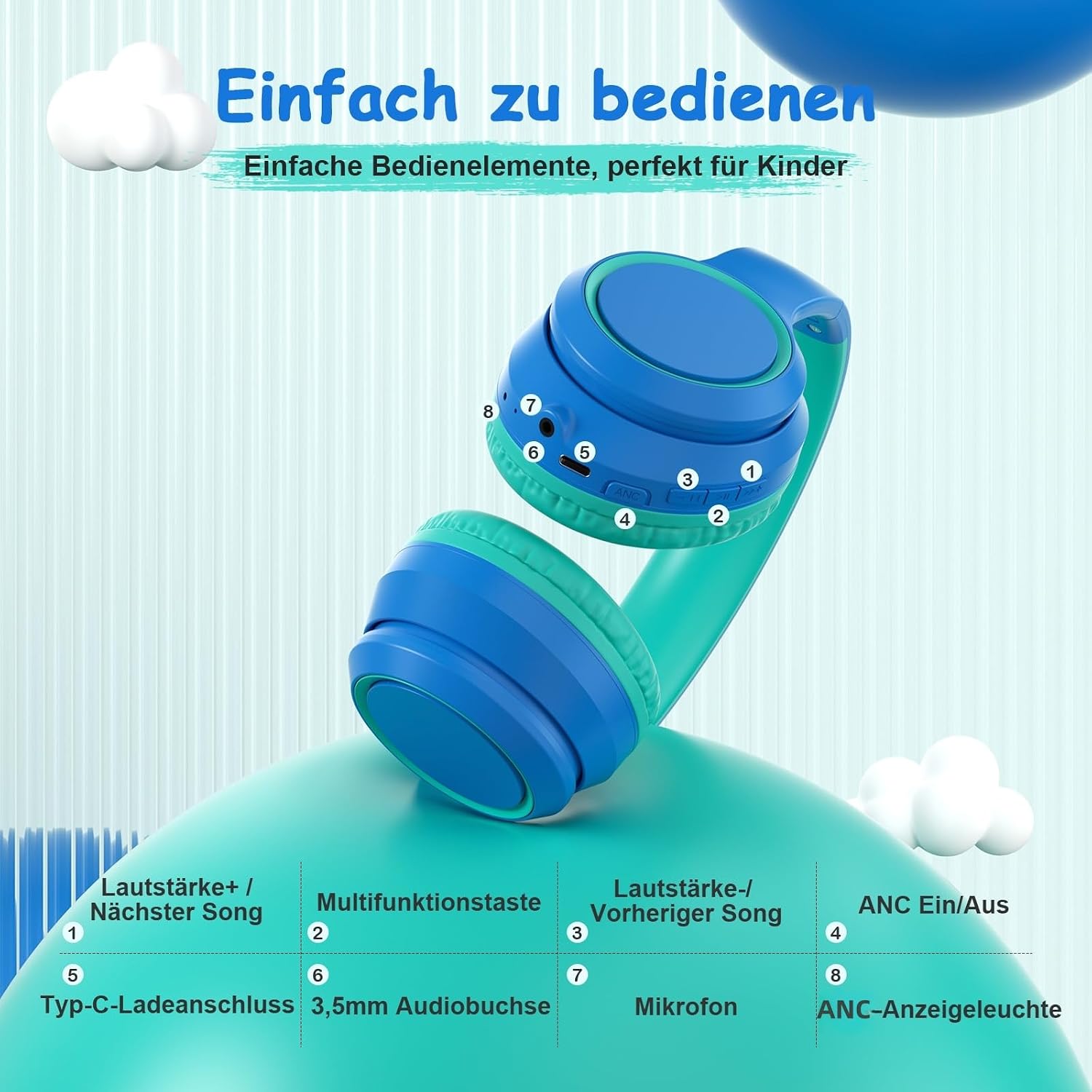 Thumbnail 4 de Tonoshark Kinder Bluetooth Over-Ear Kopfhörer mit Noise Cancelling – 60h Spielzeit, Mikrofon & Tragetasche (Dunkelblau)