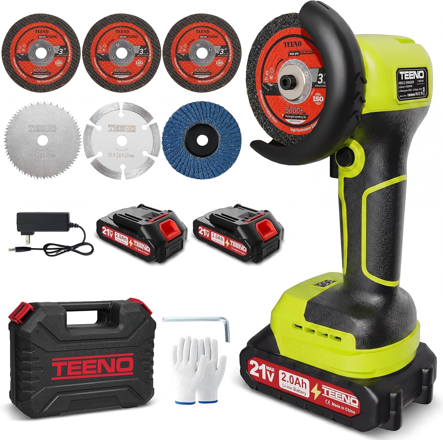 Detalle de TEENO T-3821-GREEN-2 3-Inch Cordless Angle Grinder, LCD, 19,500 RPM