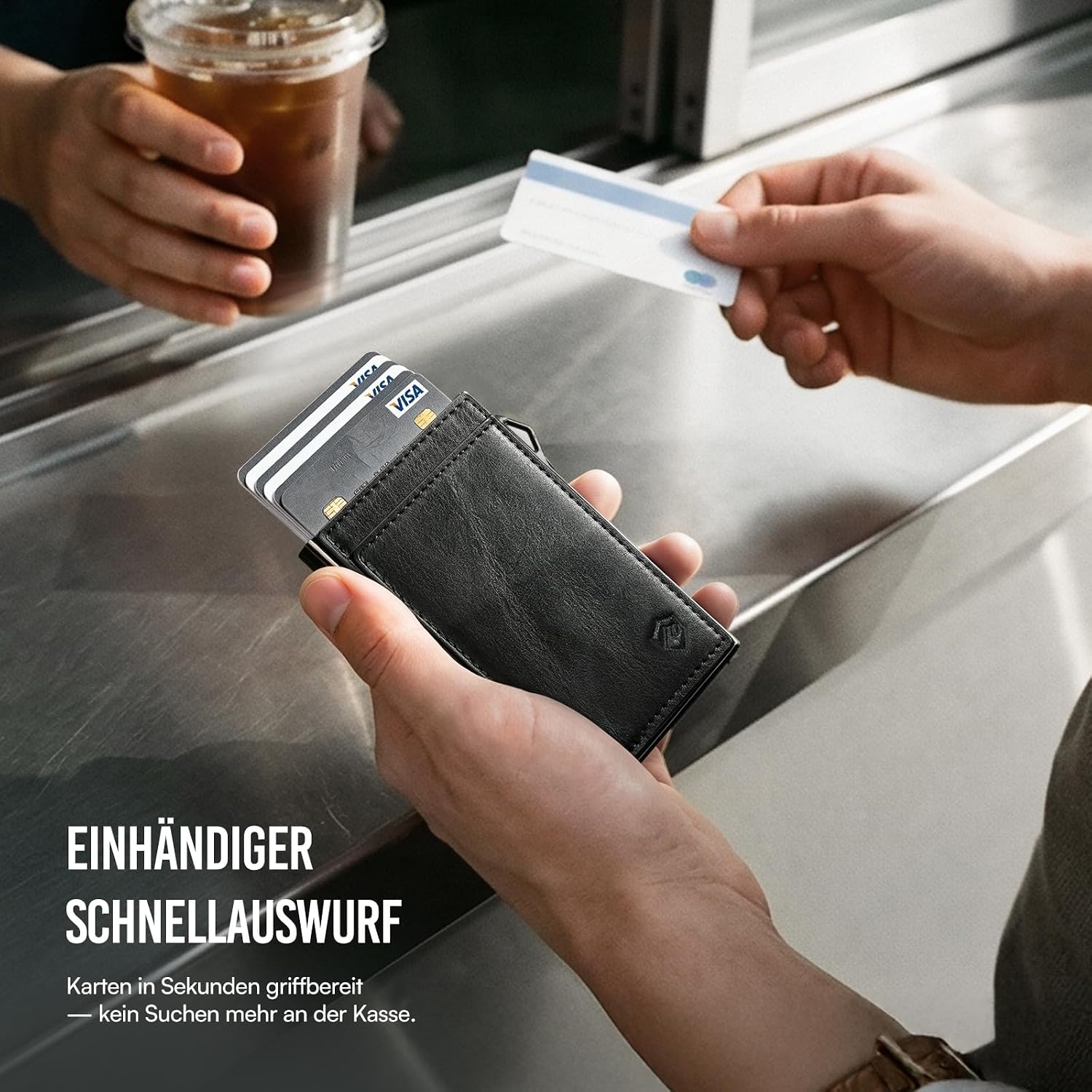 Detalle de YESIIW Minimalistisches Kartenetui mit RFID-Schutz – Pop-up Wallet aus Aluminium & Leder, Slim Wallet für Herren