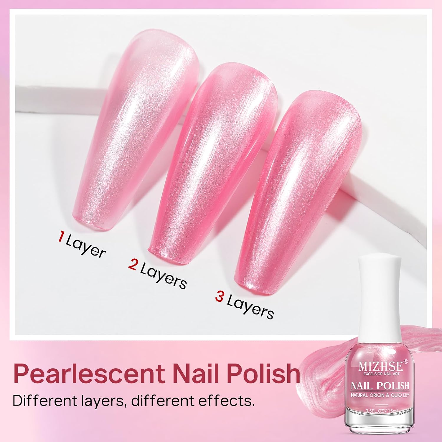 Detalle de MIZHSE Pearlescent Rose Pink Nail Polish — Quick Dry, Oil-Based 15ml