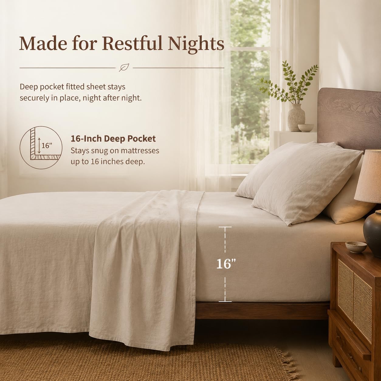 Detalle de MEISHANG 100% French Pure Linen Sheets Queen Size (4-Piece Set) with 16" Deep Pocket