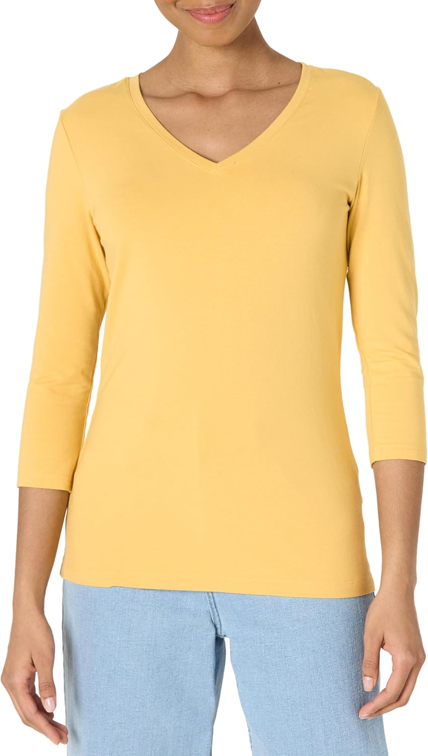 Detalle de Amazon Essentials Women's Regular-Fit 3/4 Sleeve V-Neck T-Shirt (Available in Plus Size)