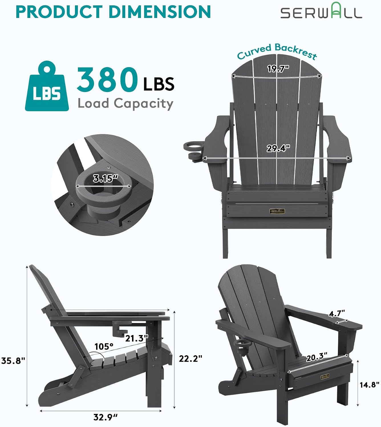 Detalle de SERWALL A041-181 Folding Adirondack Chair, Gray HIPS with Hidden Cup Holder
