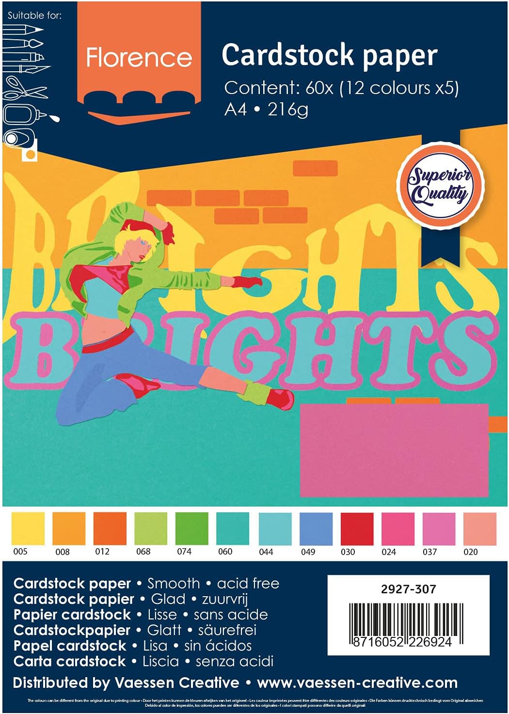 Detalle 1 de Florence Papier Cartonné Lisse Brights A4 — 216 g/m², 12 couleurs, 5 feuilles par couleur