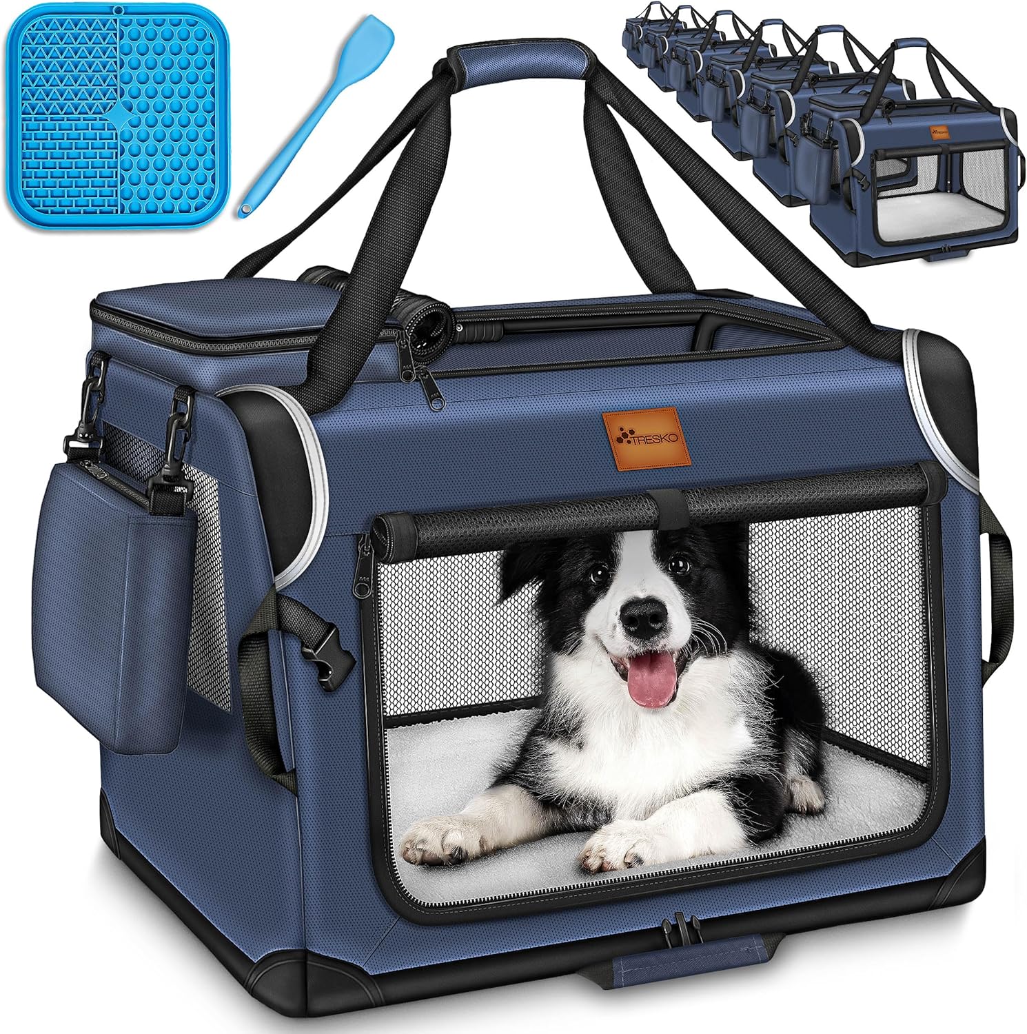 TRESKO Caisse de transport pliable XXL pour chiens et chats – bleu marine, 83 × 58 × 58 cm