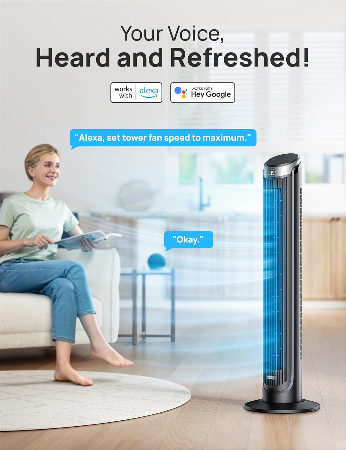 Thumbnail 6 de DREO Smart Tower Fan for Bedroom (90° Oscillating) – 7.9m/s, 5 Speeds, Quiet 28dB, Touch/Remote/App & Alexa