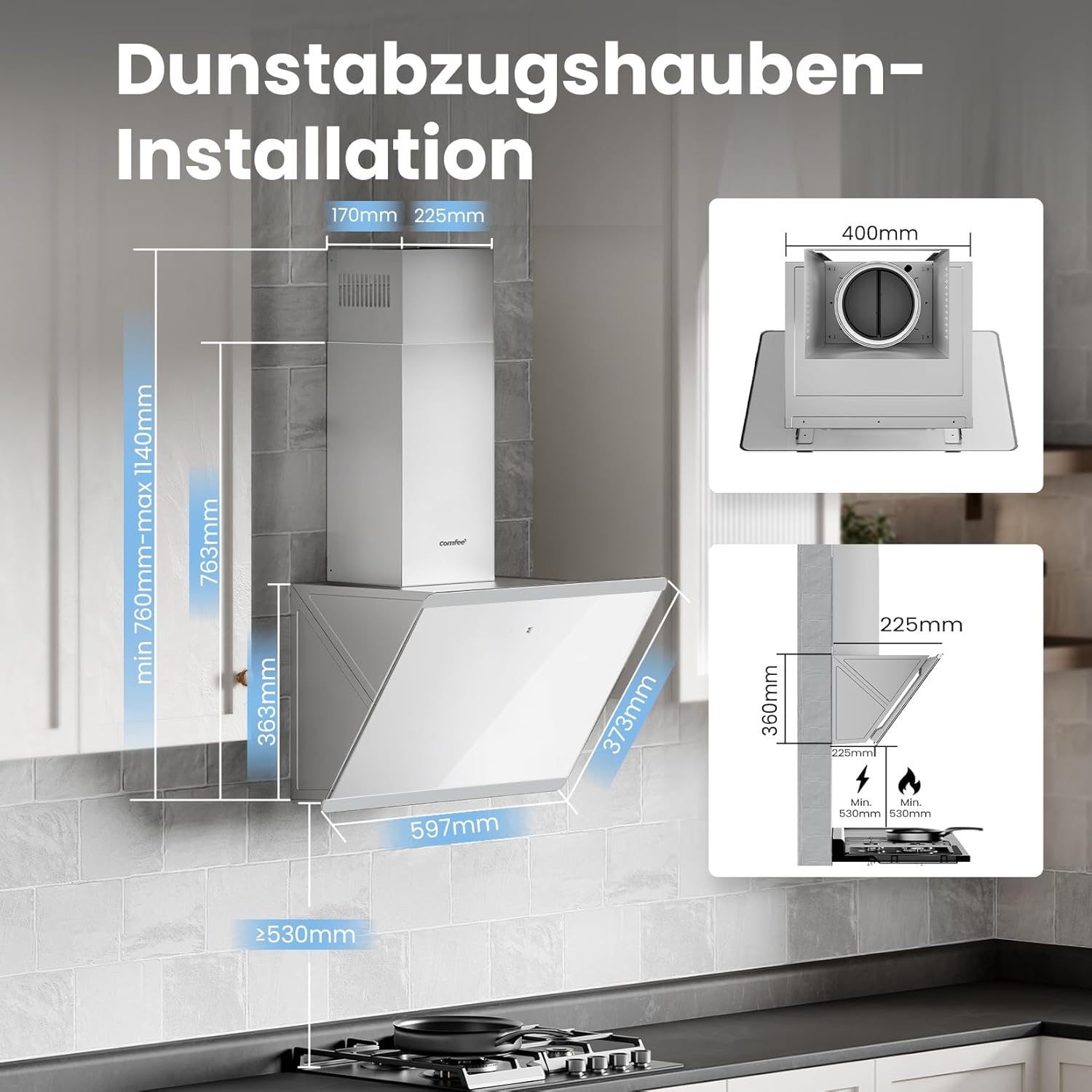 Thumbnail 3 de COMFEE' CH60J64ET4A2W Dunstabzugshaube 60 cm (A++), Umluft/Abluft, 380 m³/h, Edelstahl/Glas Touch