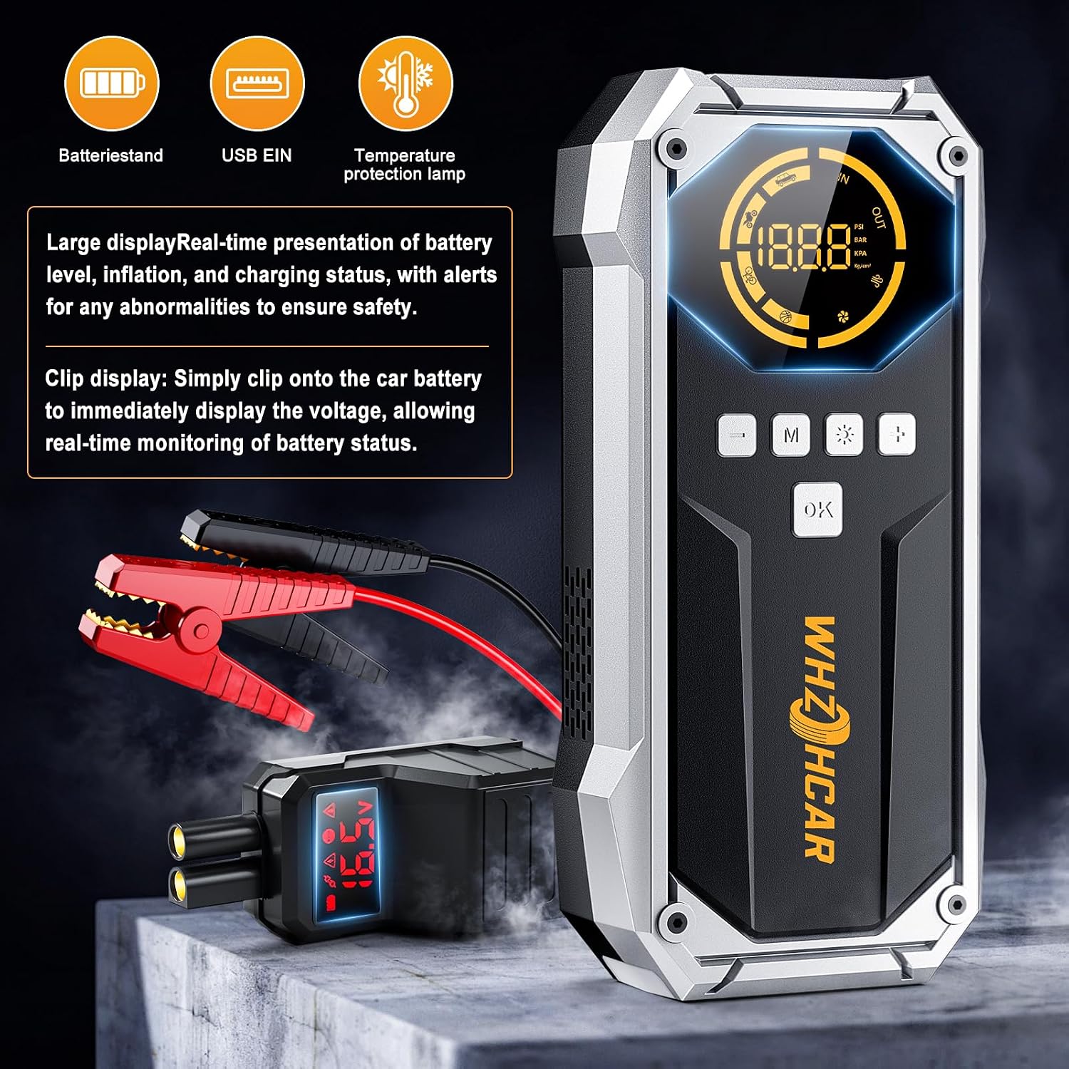 Thumbnail 6 de WHZOHCAR Avviatore Emergenza per Auto 150 PSI (8000A) con Compressore, LCD e Torcia LED
