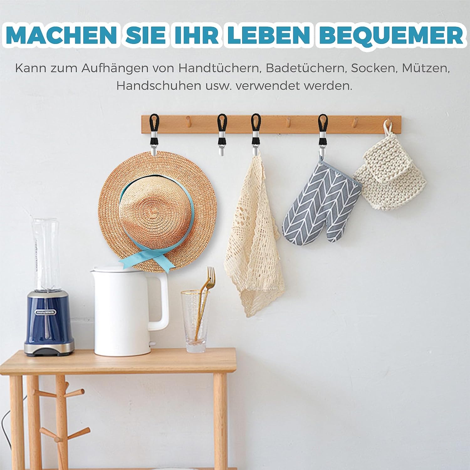 Detalle de Aufhänger für Handtücher – 4 schwarz Clip mit Schlaufen, robuste Aufhängelösung aus Baumwolle und Edelstahl