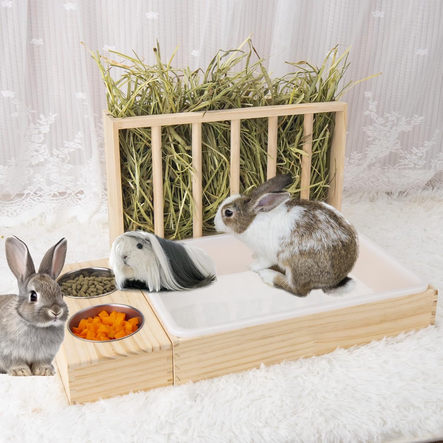 Thumbnail 6 de BESNEW Mangeoire à Foin 3 en 1 pour Lapin – Bois, Bac à Litière et 2 Bols en Fer