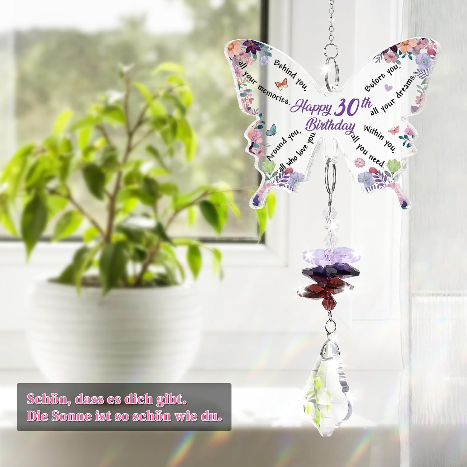 Detalle 2 de KAAYEE 30th Birthday Butterfly Crystal Suncatcher Gift – Amethyst Pendant, Engraved Keepsake